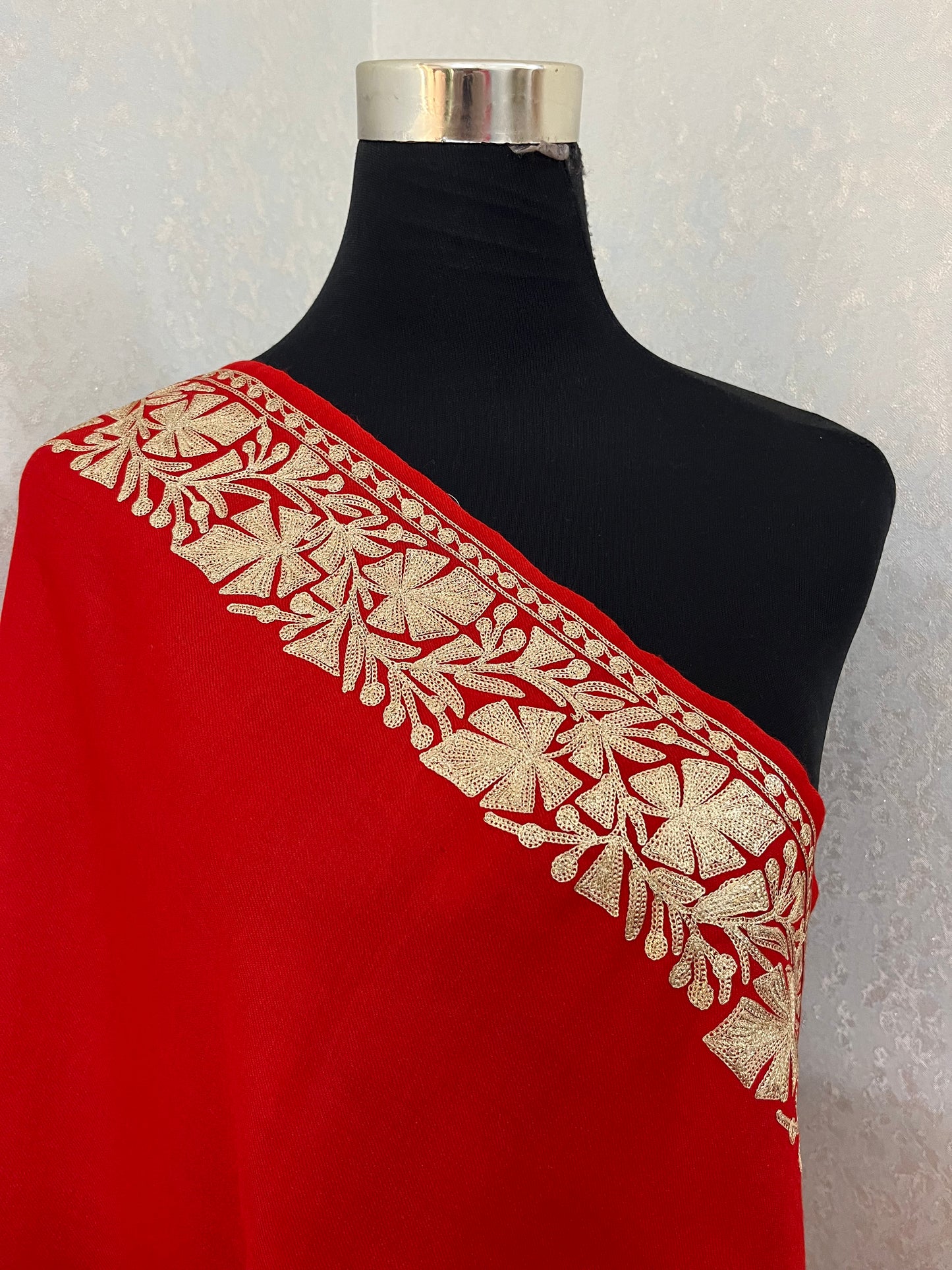 Red Semi Pashmina Tilla Embroidered stole
