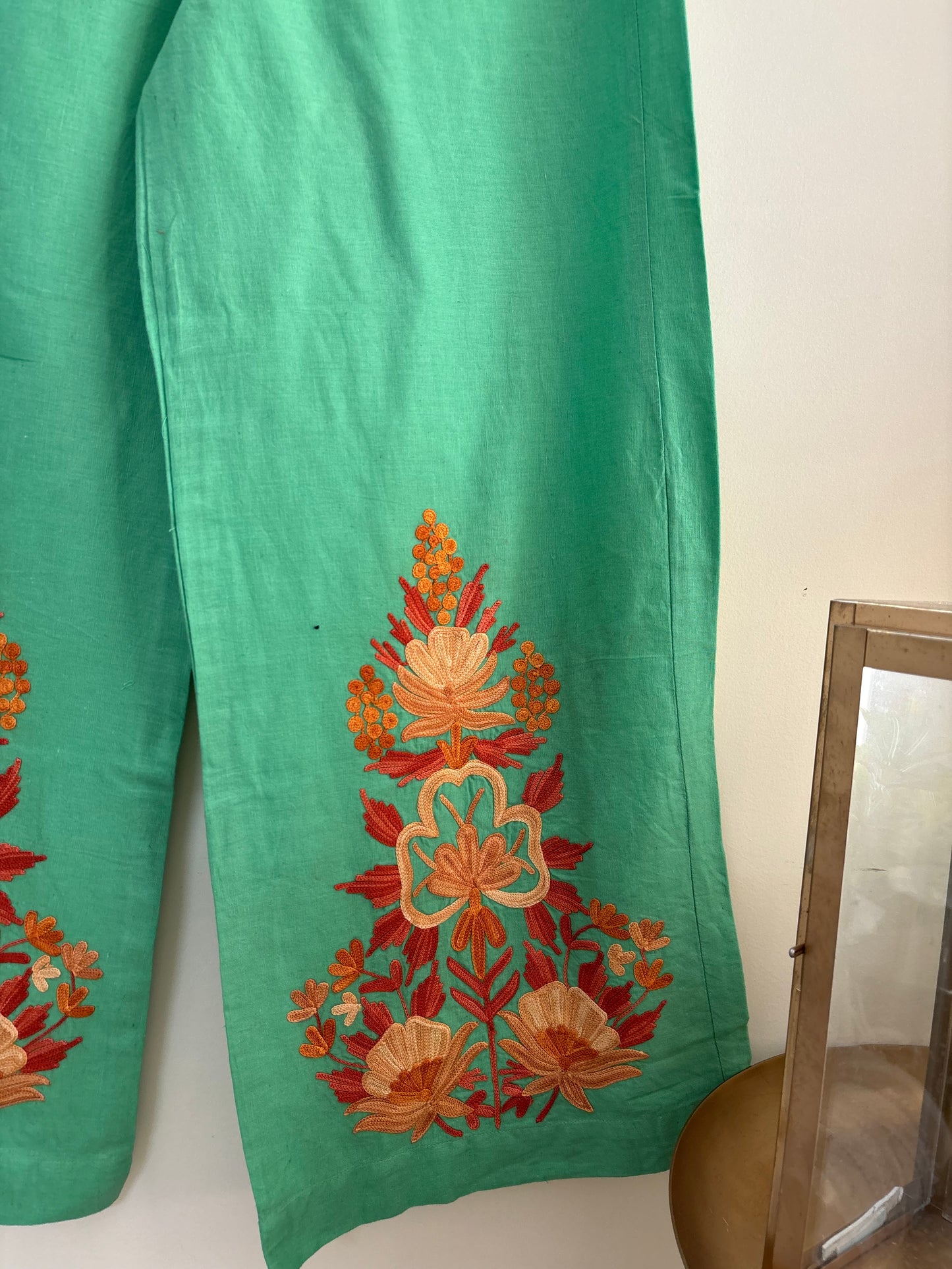 Women Green Solid Cropped Wide Leg Aari Embroidered Palazzos ‘L’