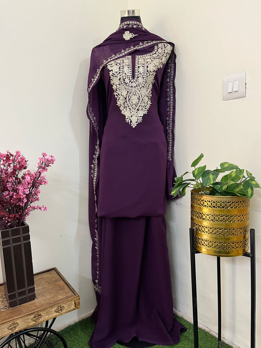 Wine Georgette 3pc Kashmiri Tilla Suit