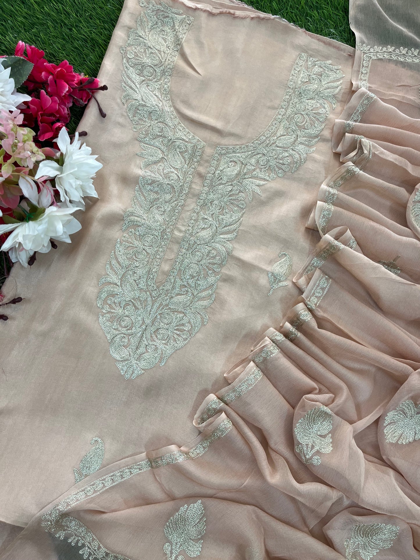 Peach Pink Sanam’ Silk Tilla Kashmiri Suit