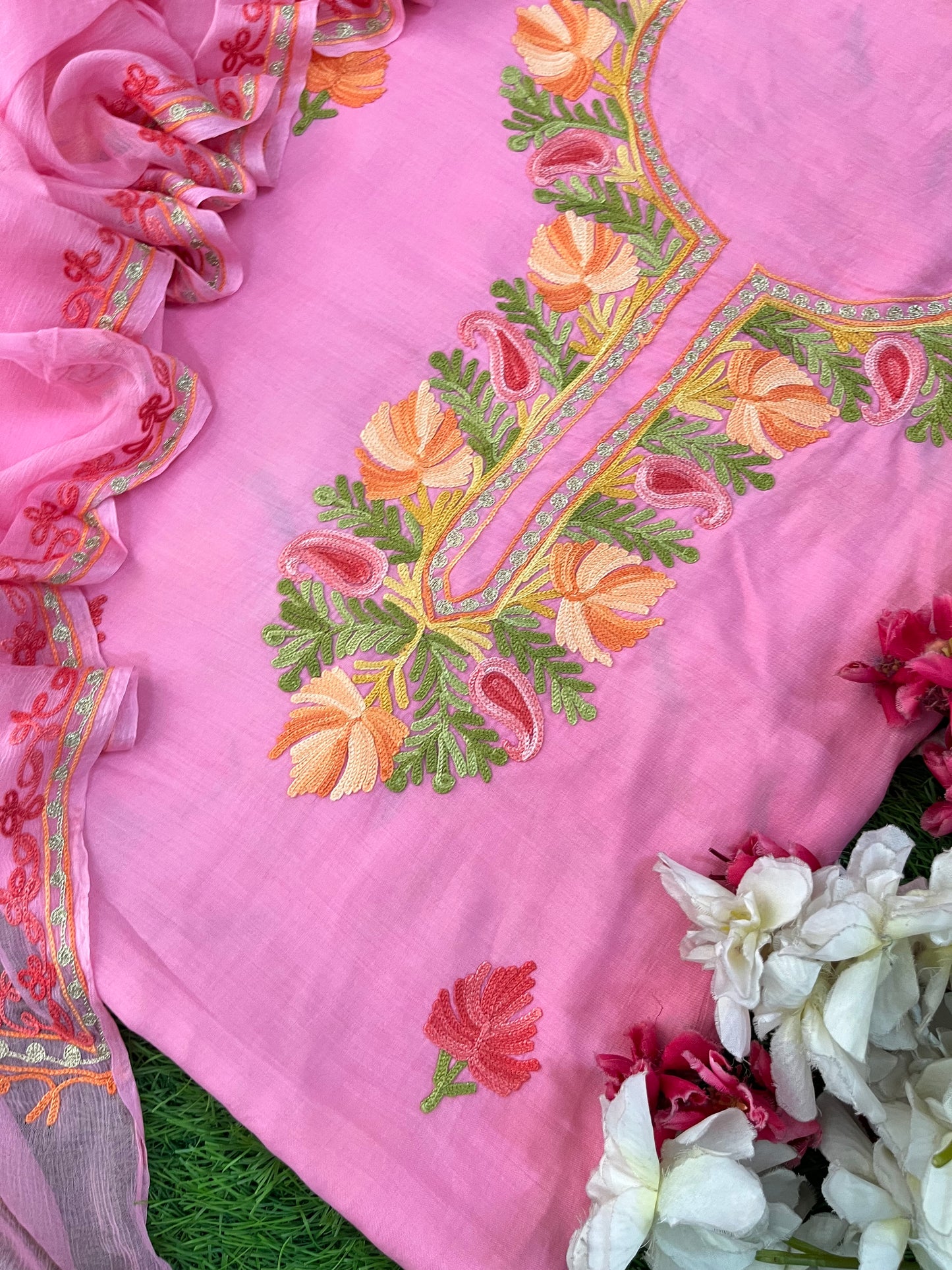 Soft Pink Muslin Cotton Jaal Sleeves Kashmiri 3pc Suit