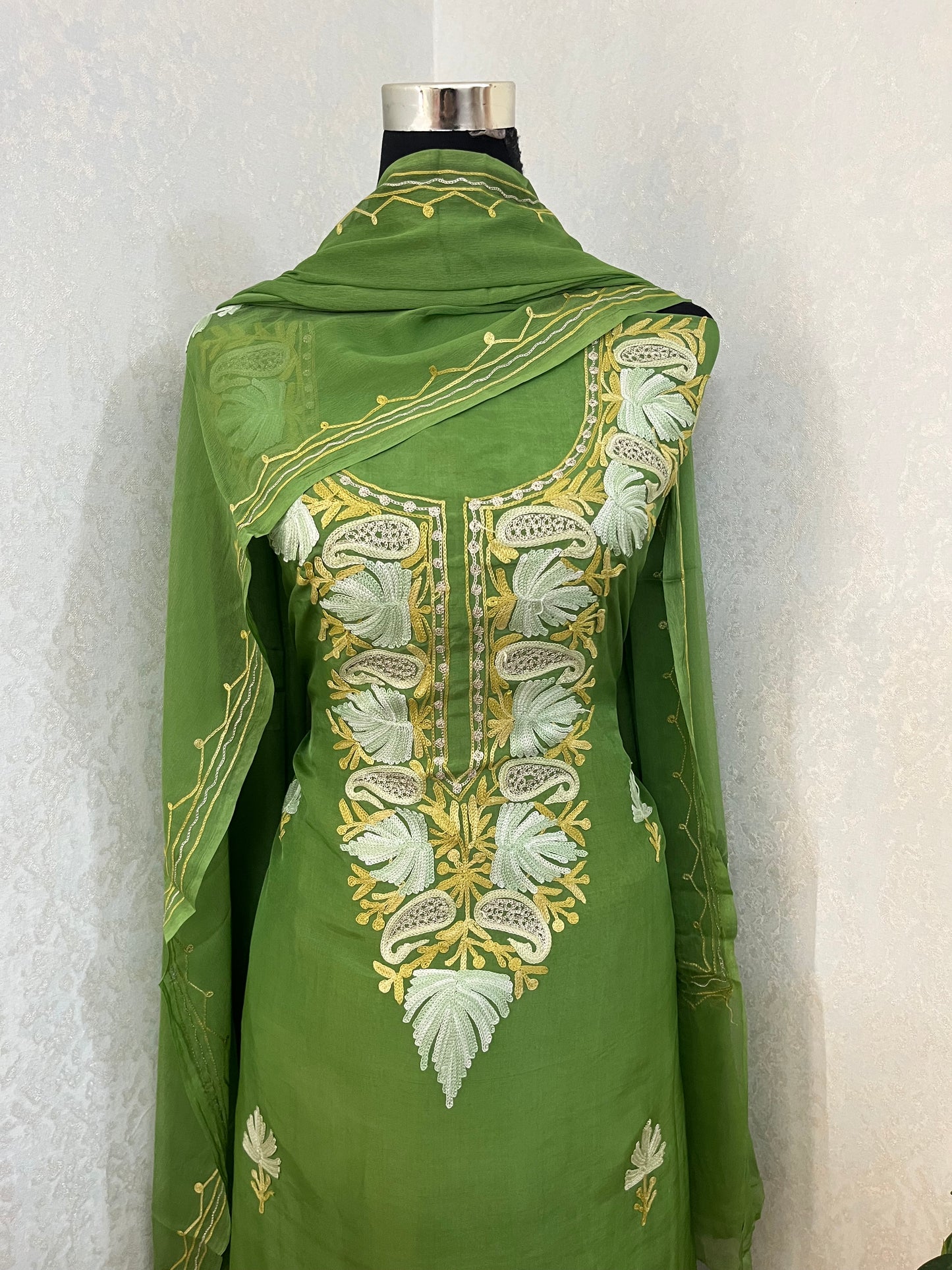 Lawn Green Opada Silk Kashmiri Suits