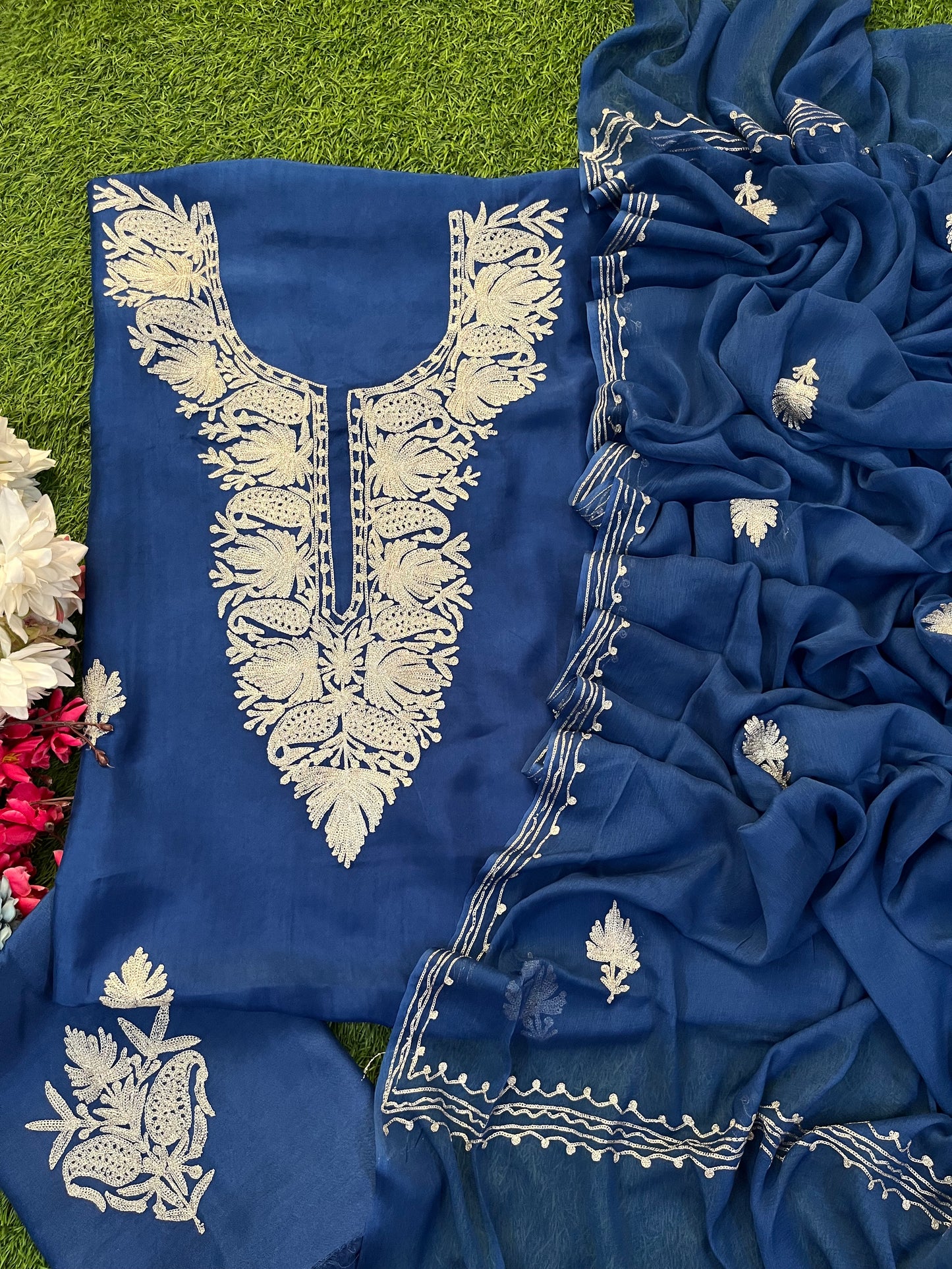 Electric Blue Silk Tilla Kashmiri Suit