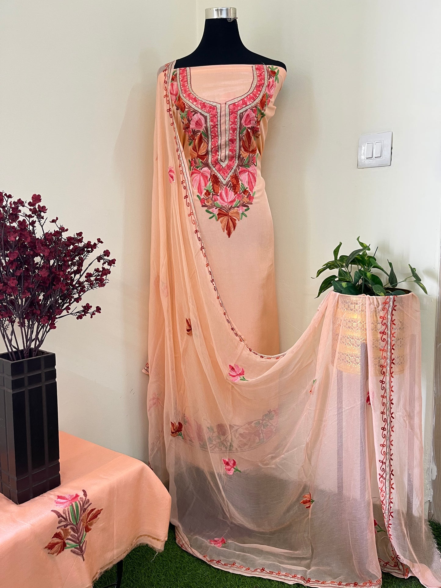 Peach Opada Silk Aari Embroidered Suit material