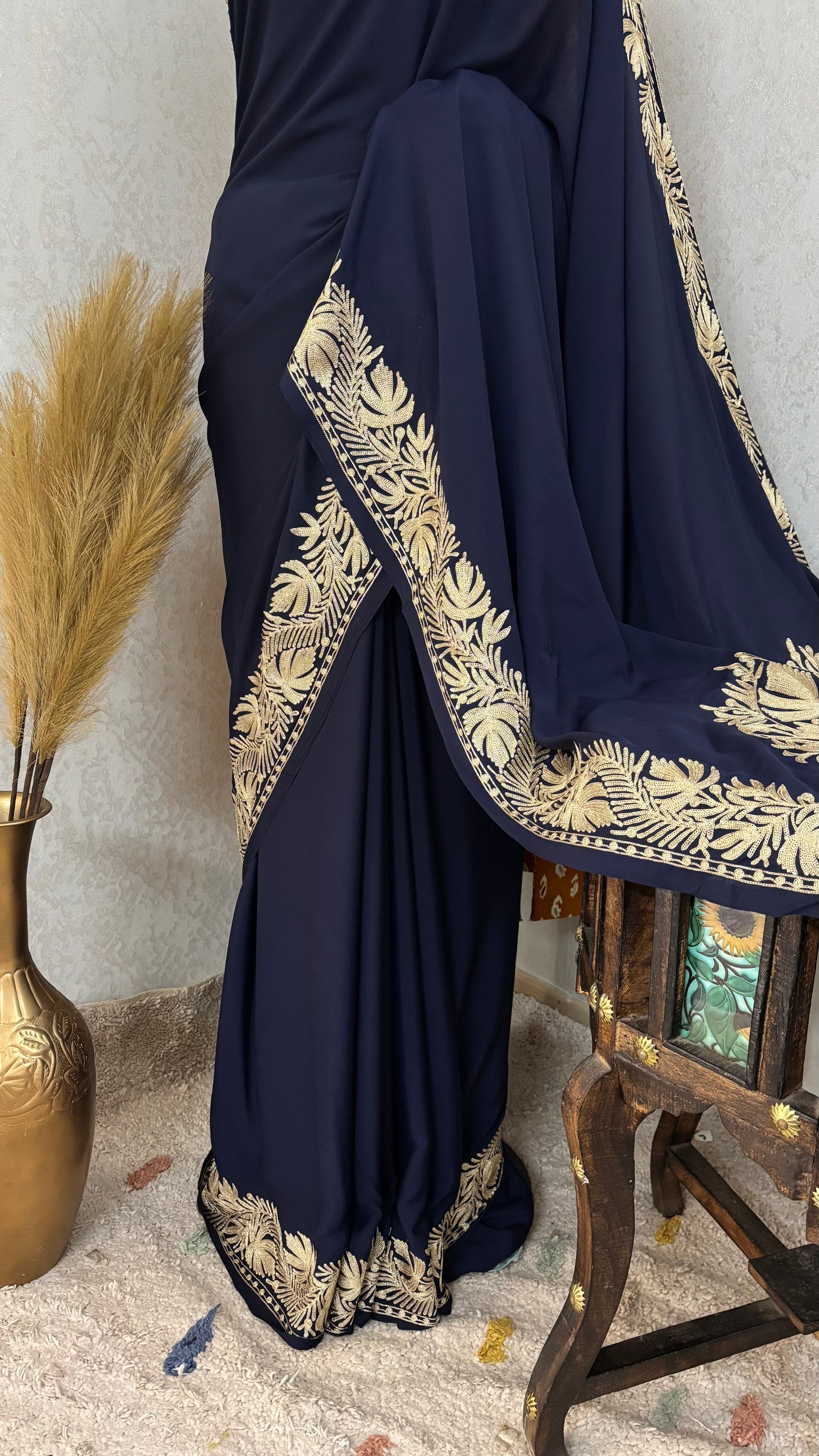 Navy Blue Crape Kashmiri Tilla Saree (Copy)