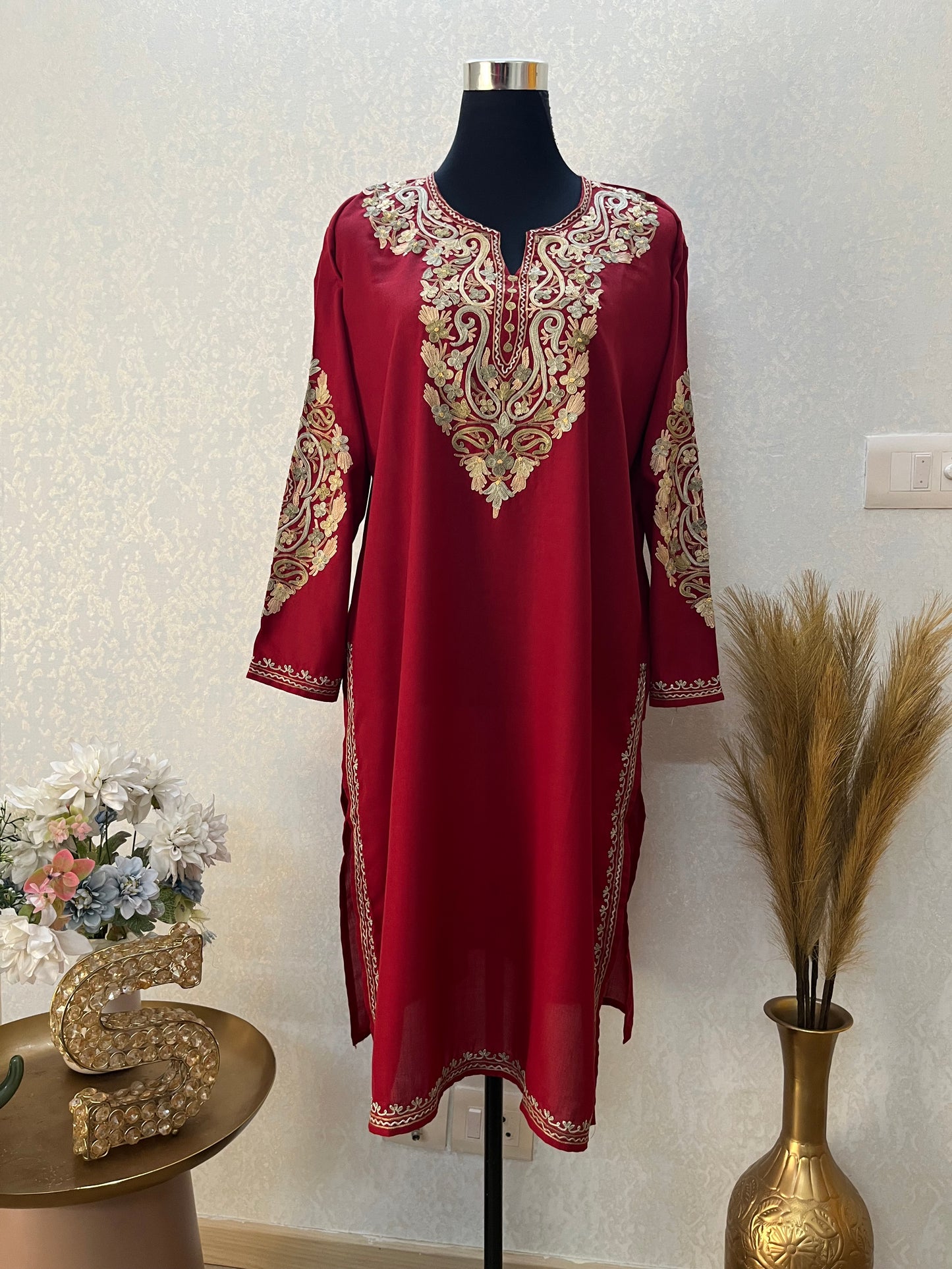 Maroon Cotton Aari Work Kurta