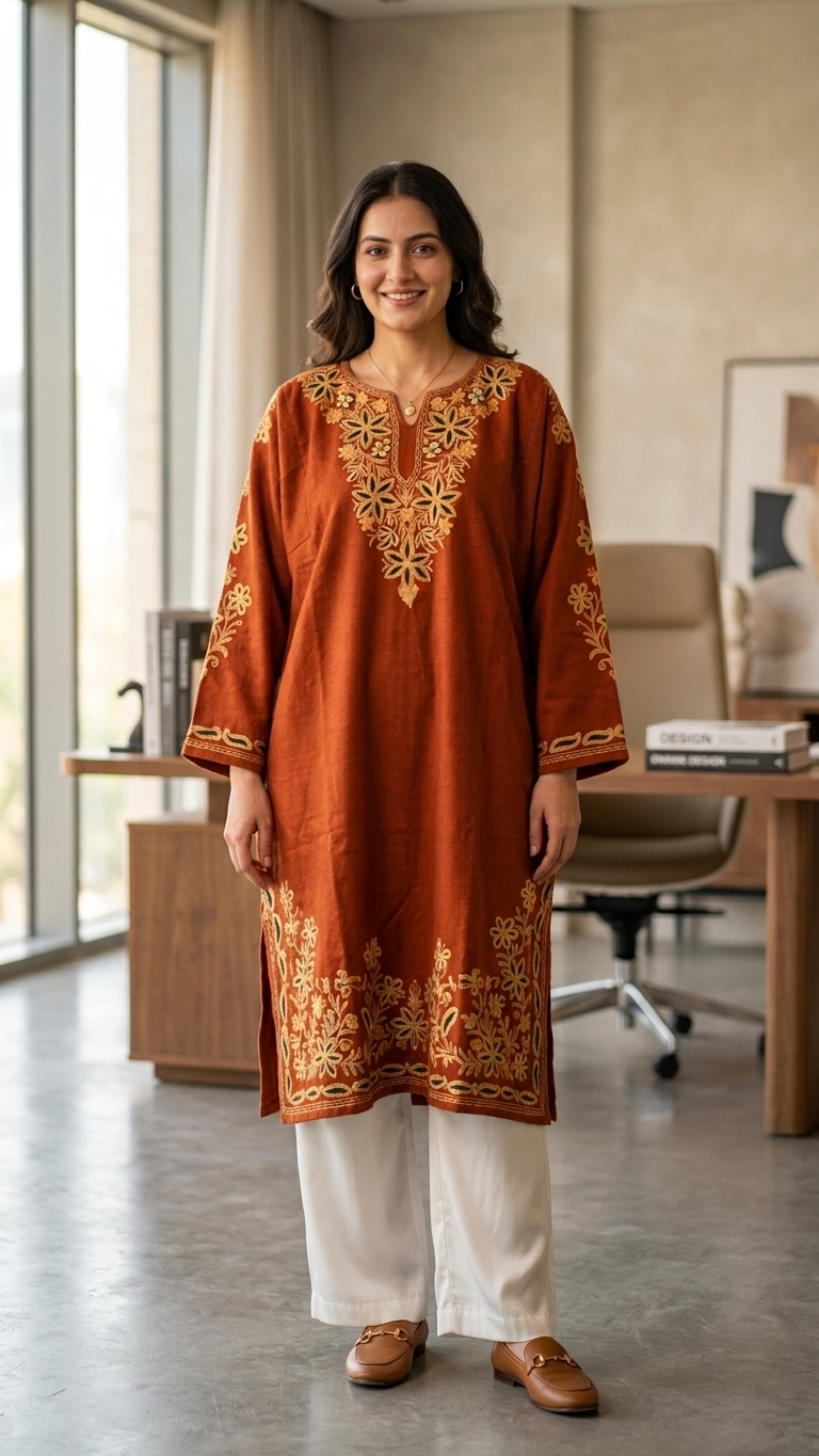 Rust Aari embroidered Pure Wool Pheran