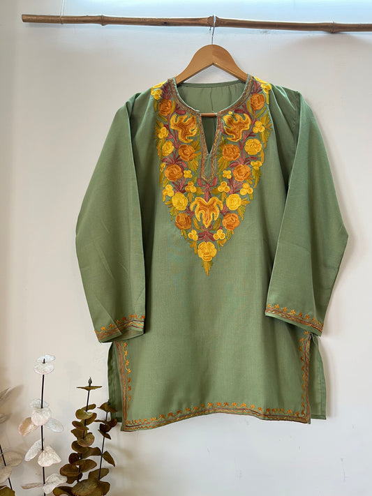 Pastel Green Cotton Aari Work Kurta