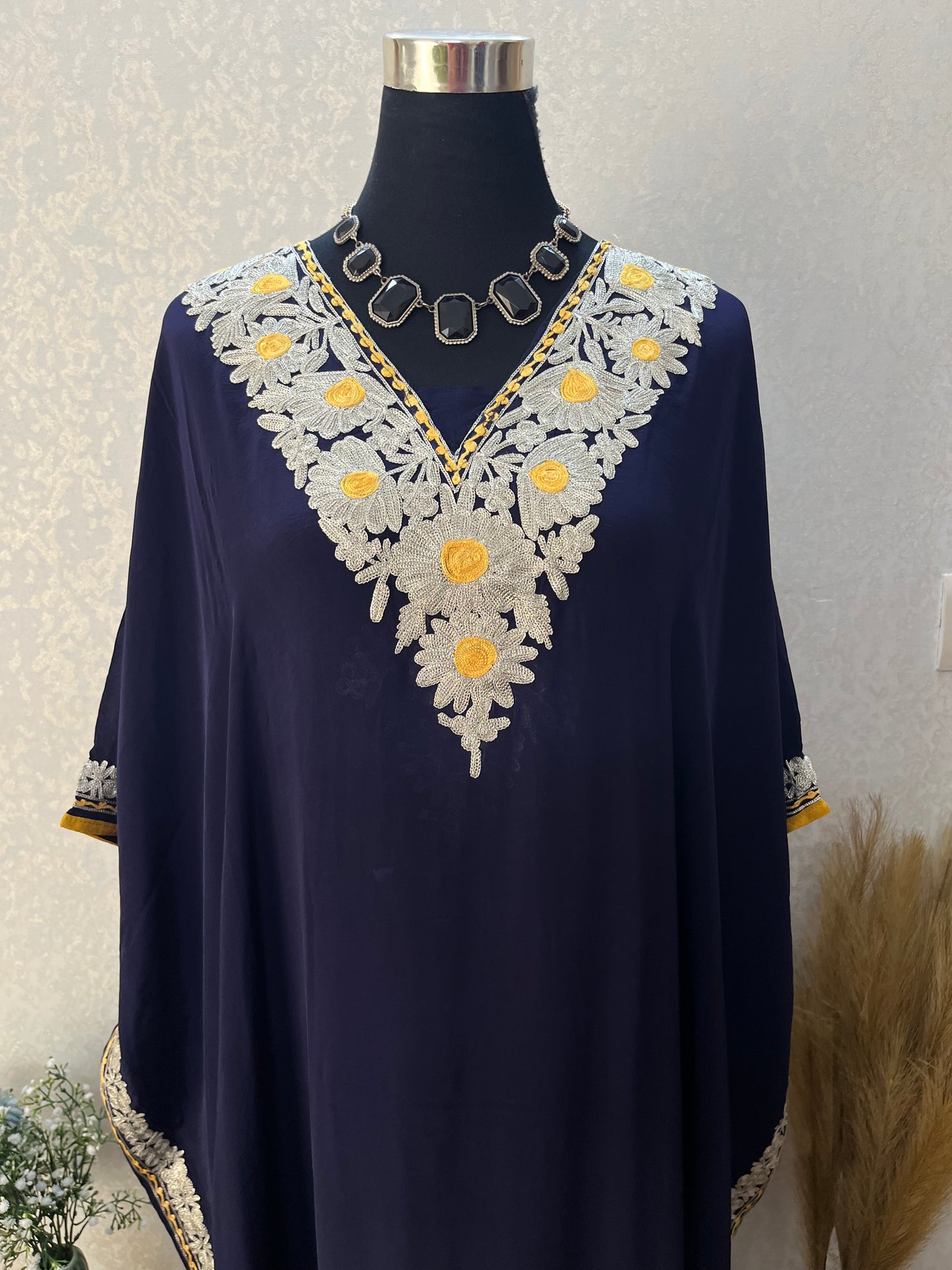 Navy Blue Crape Kashmiri Kaftan Set