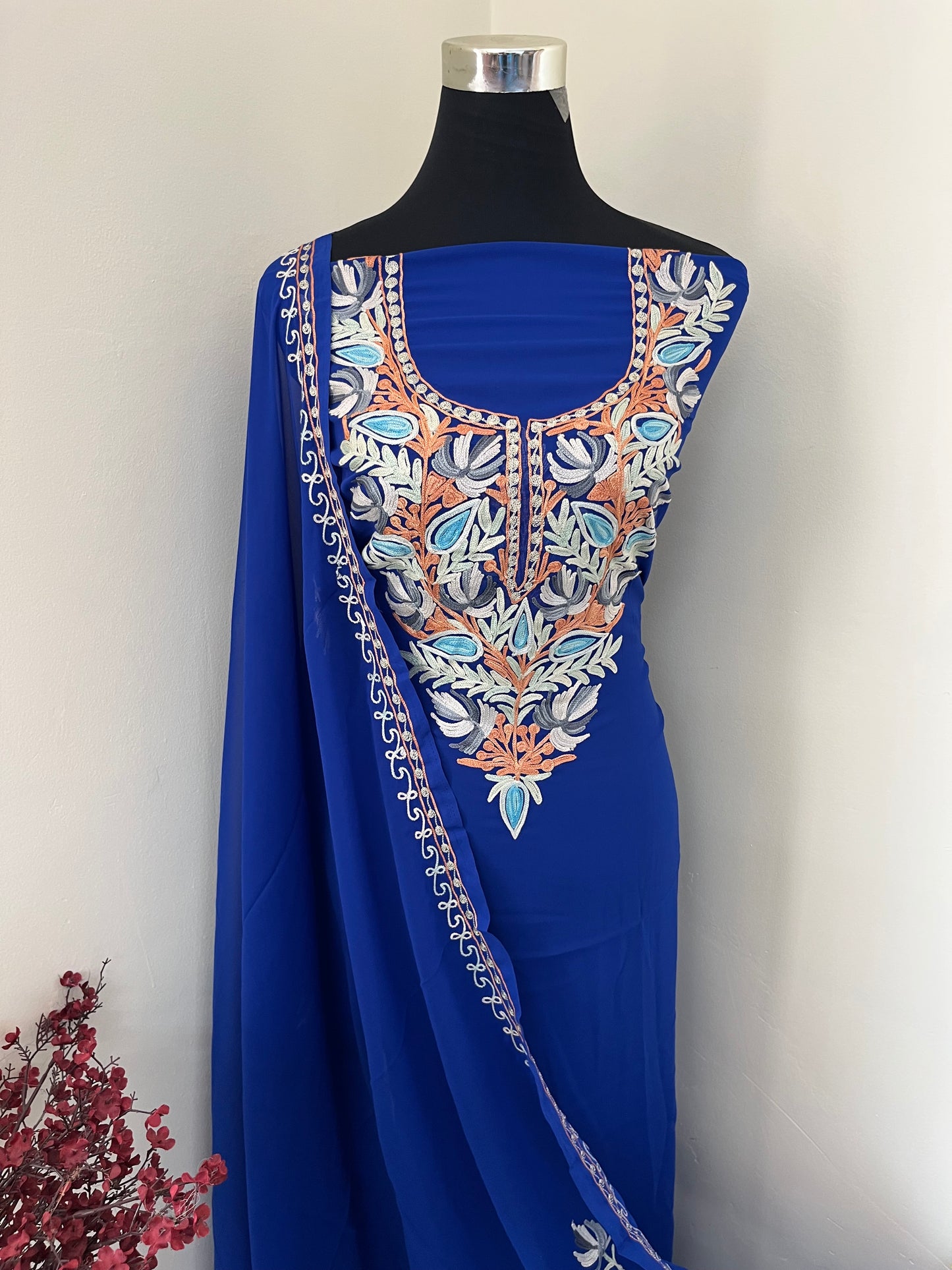 Electric Blue Georgette Shirt and Dupatta Aari Embroidered Suit