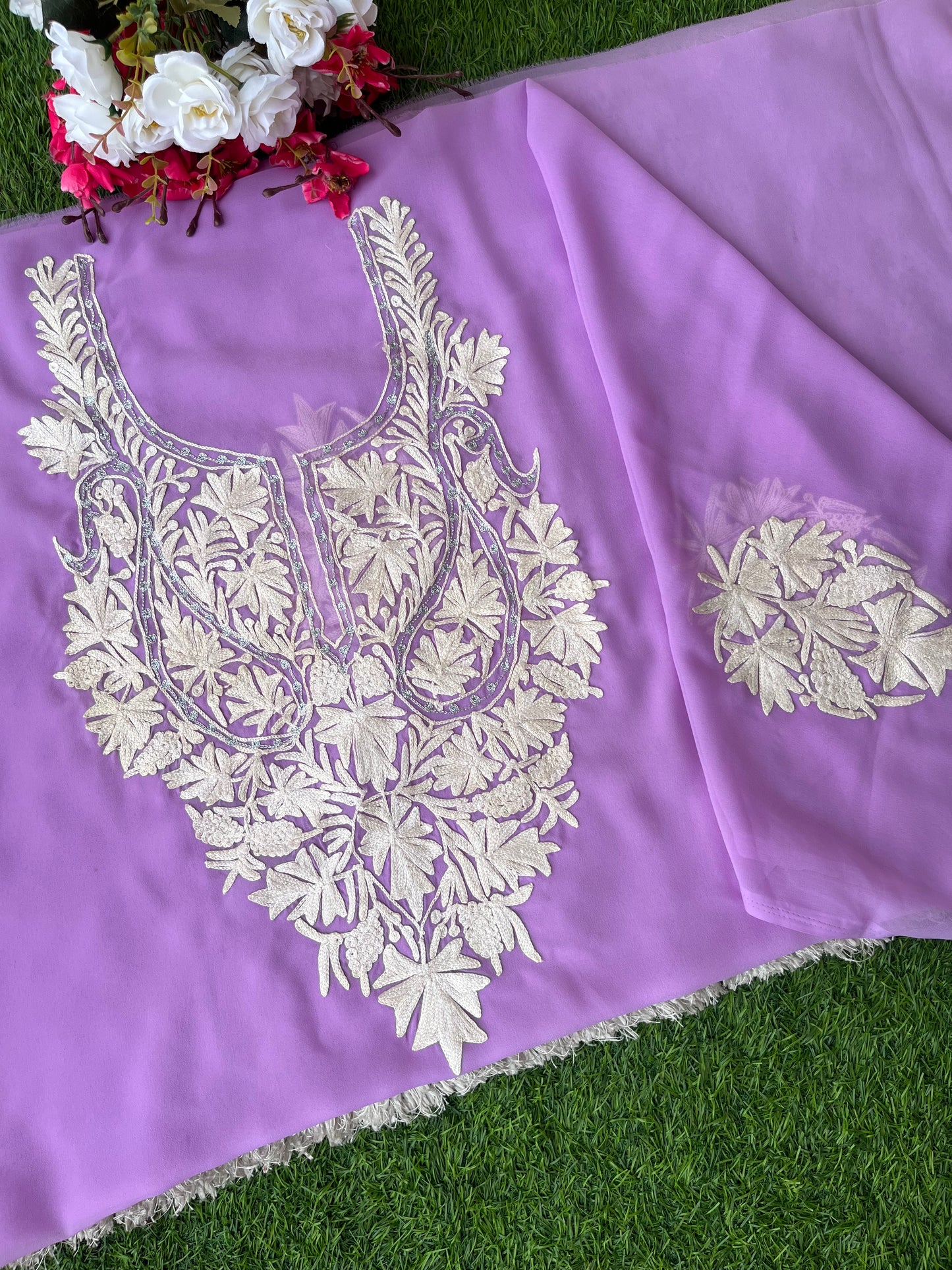 Lilac Georgette Aari Embroidered Unstitched Kurta Material