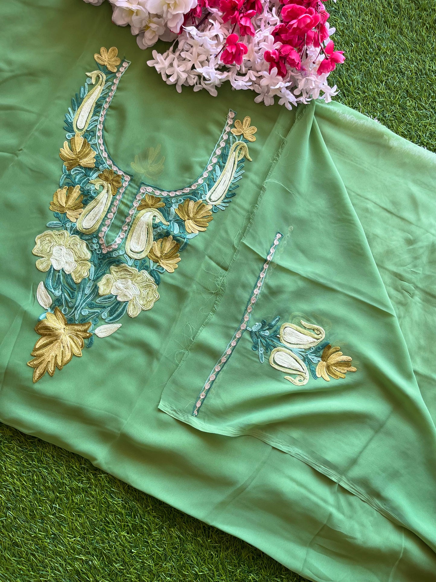 Tea Green Georgette Aari Embroidered Unstitched Kurta Material