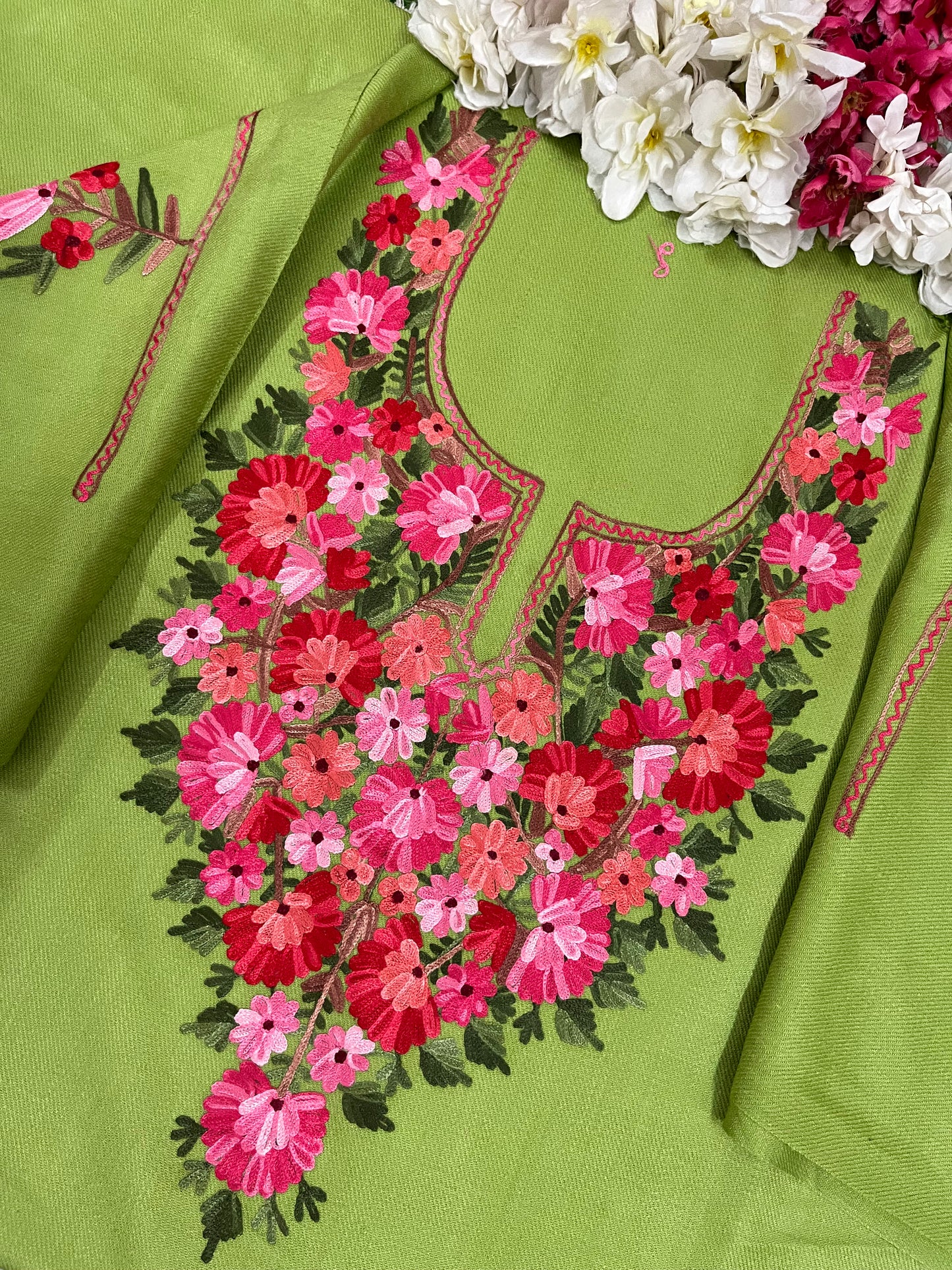 Pista Green Woollen Aari Embroidered 2pc suit 5mtr