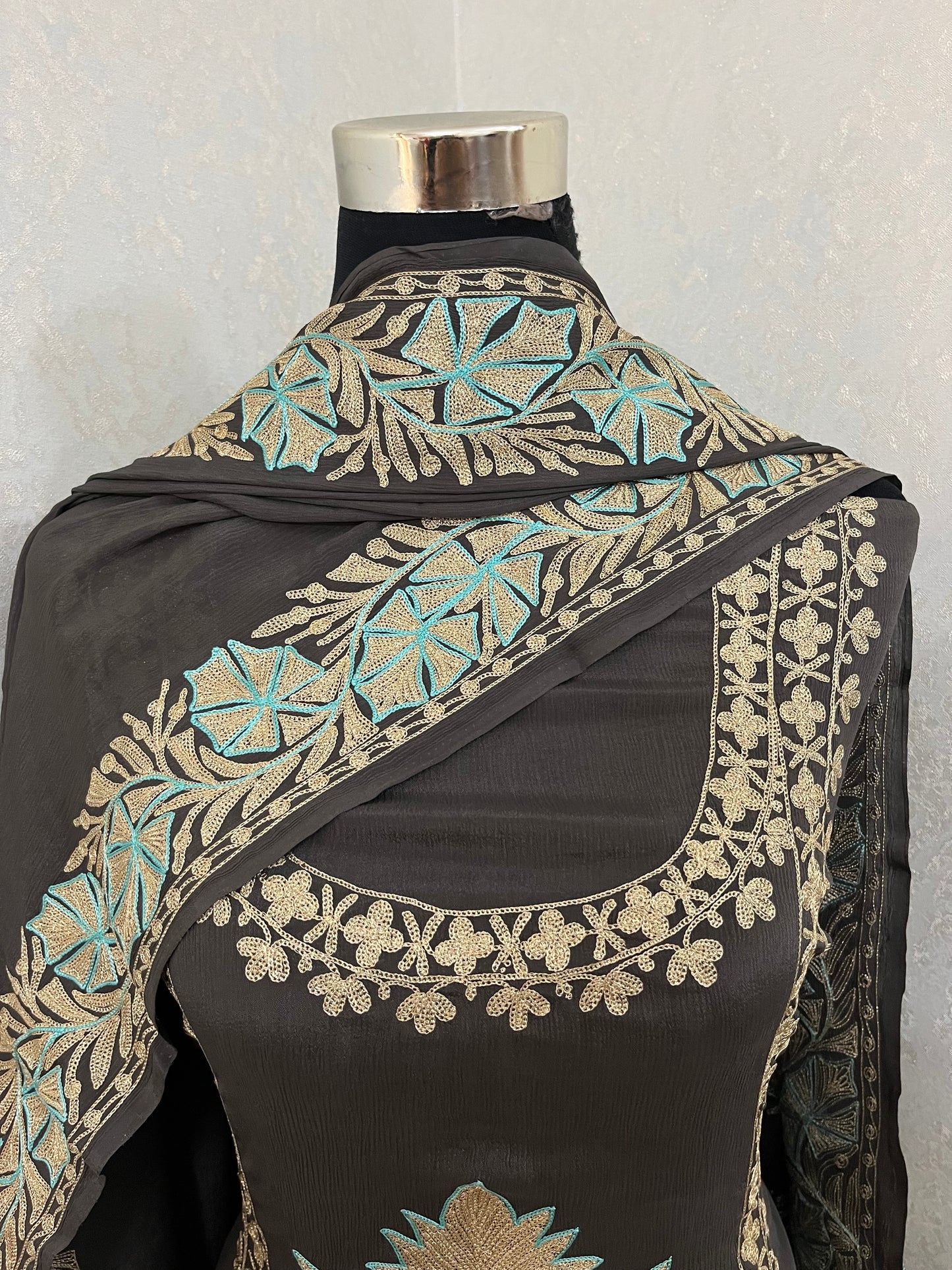 Grey Chinon 3 Pc Aari Embroidered Suit