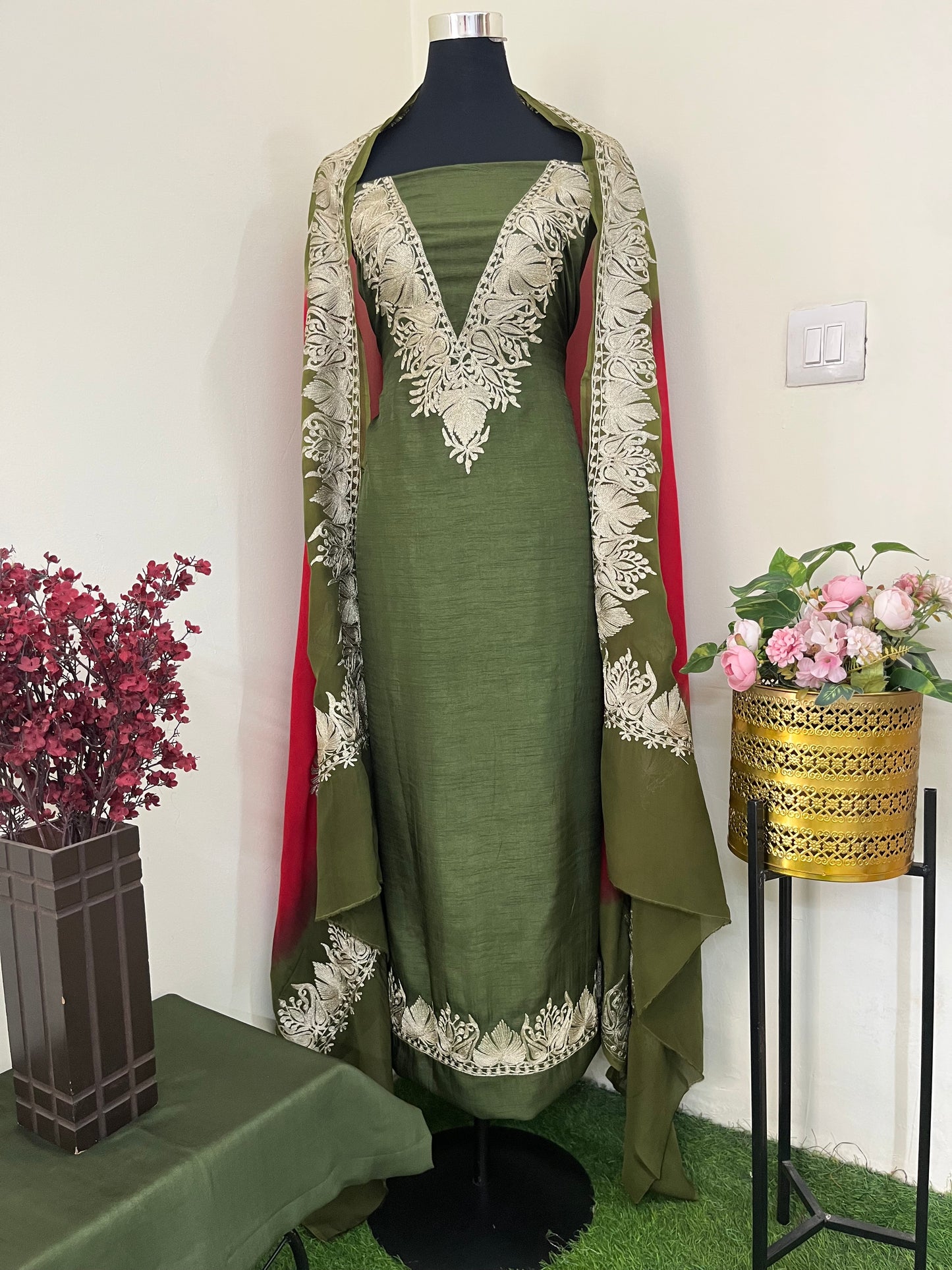 Sanam Army Green Silk Kashmiri Suit