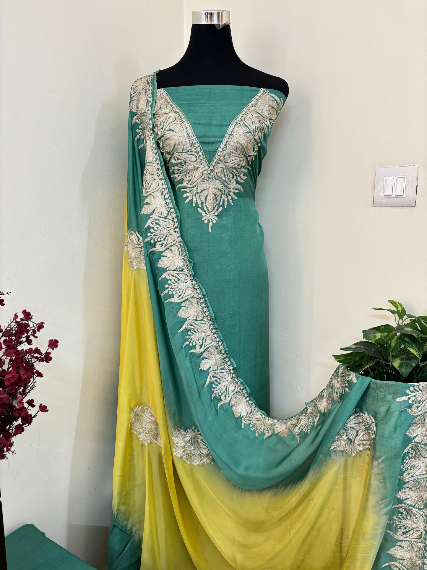 Sanam Pastel Green Silk Kashmiri Suit