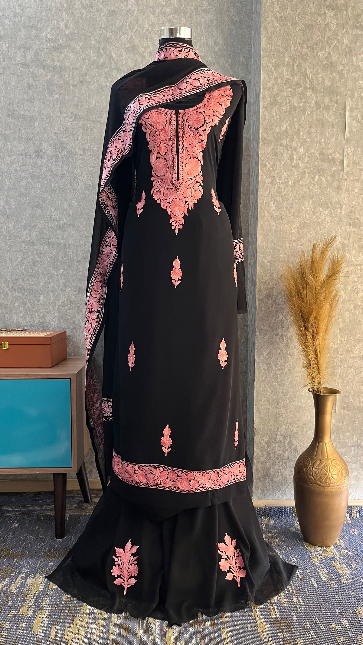Georgette Black 3 Pc Kashmiri Suit