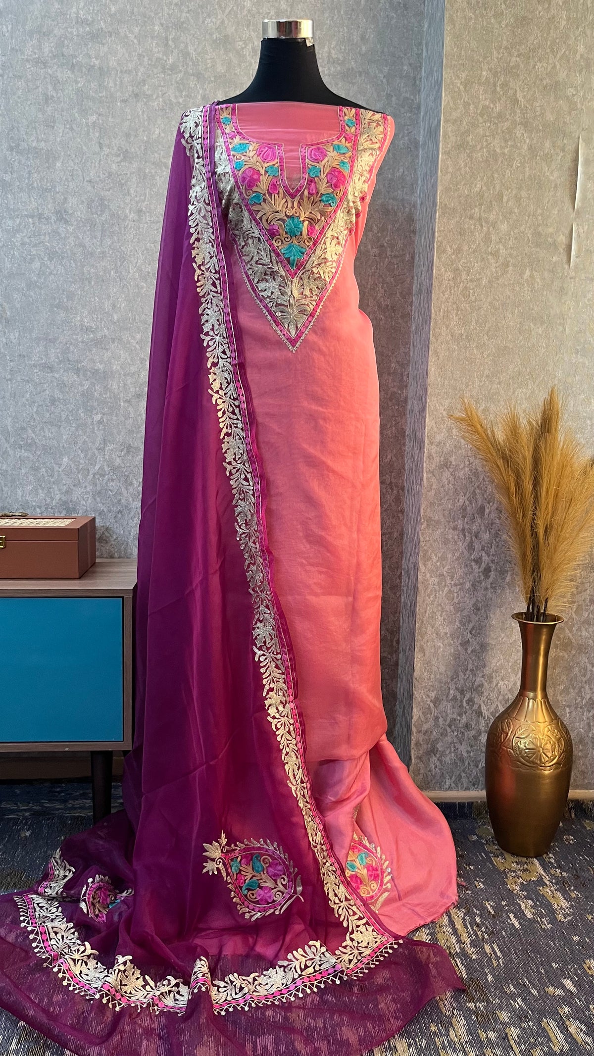 Pink Soft Tissue Kashmiri Suit