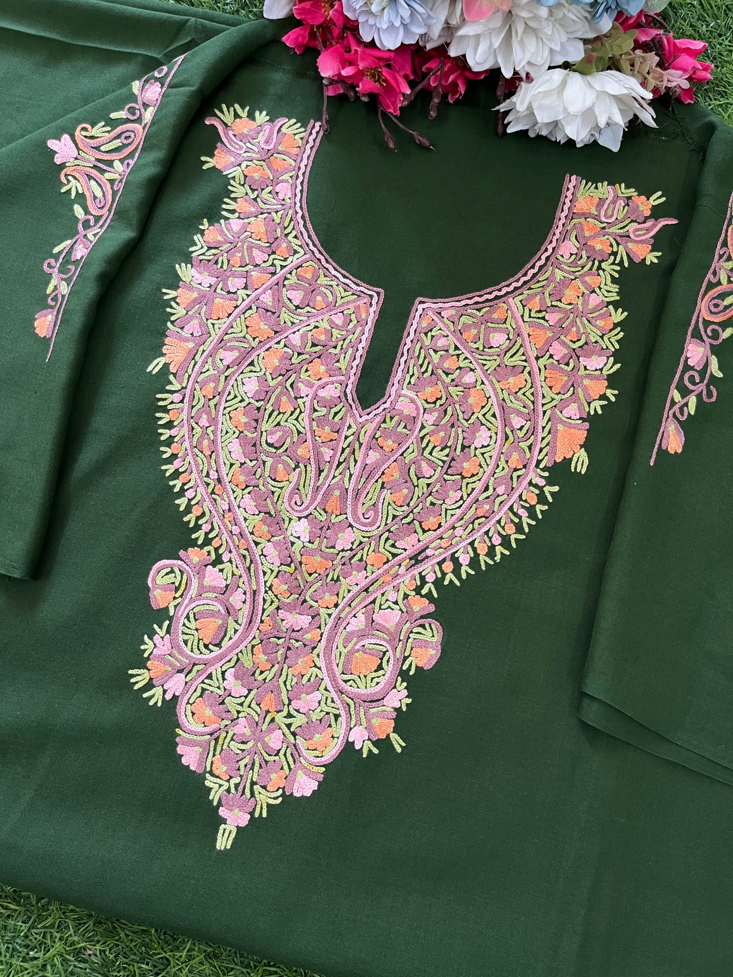 Bottle Green Cotton Two Piece Suit (Hand Embroidered)