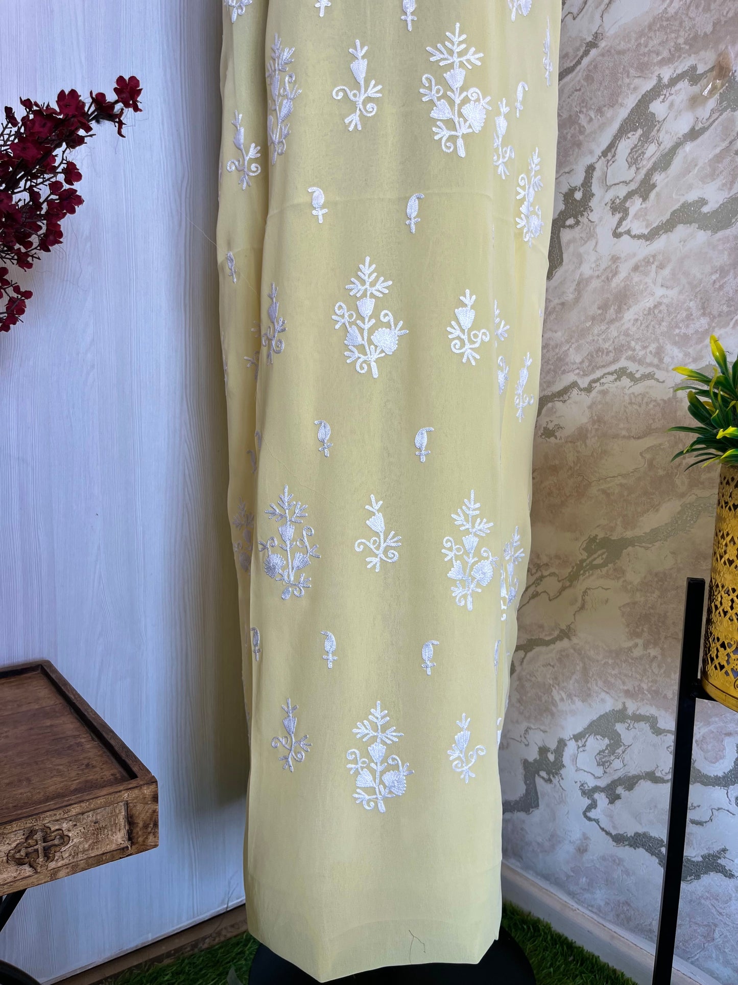 Georgette Lemon Yellow All over Work Aari Embroidered Unstitched Kurta Material