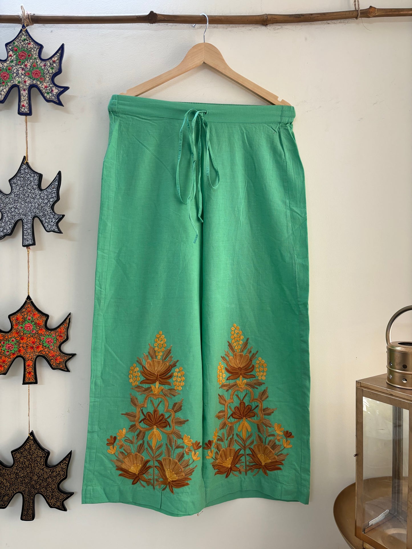 Women Green Solid Cropped Wide Leg Aari Embroidered Palazzos ‘M’