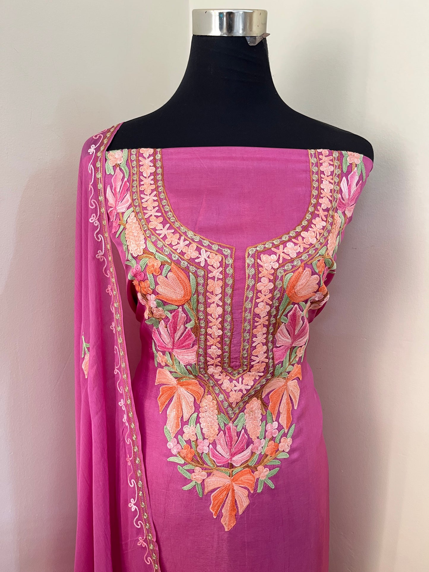 Mauve Opada Silk Aari Embroidered Suit material