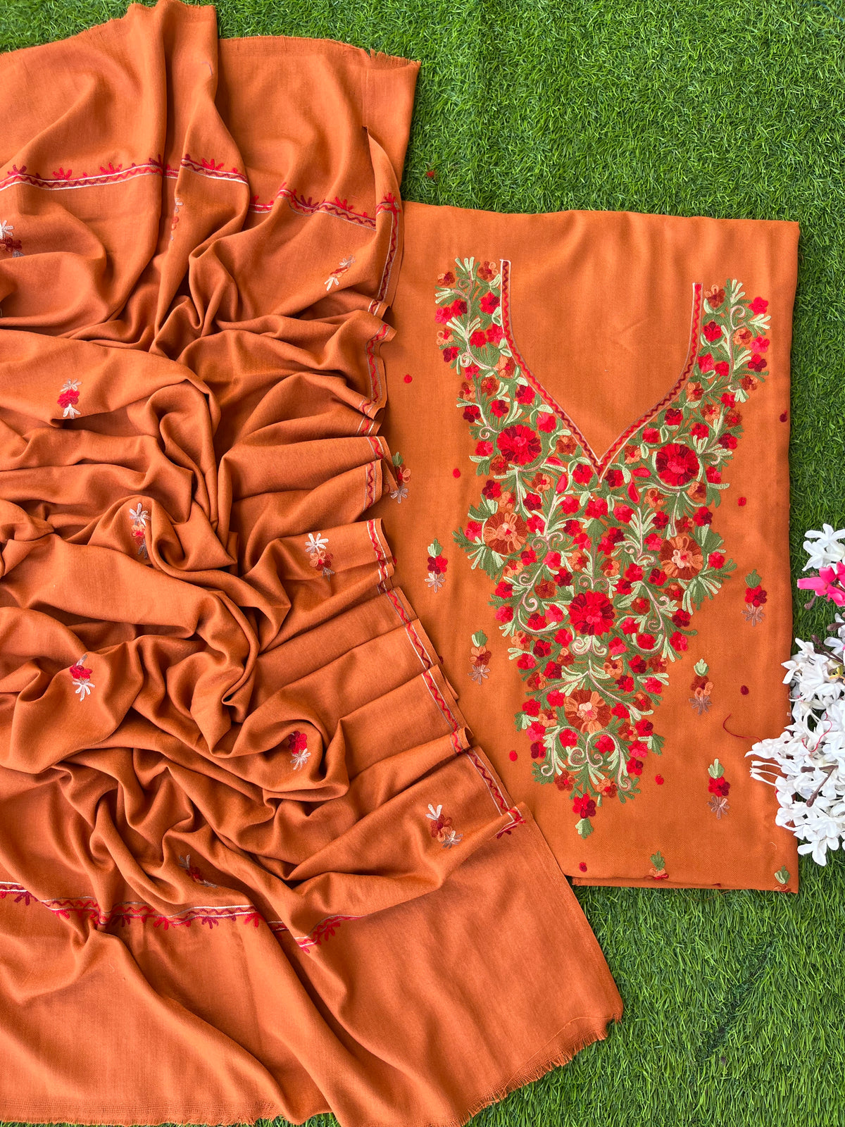 Orange Woollen Aari Embroidered 3pc suit
