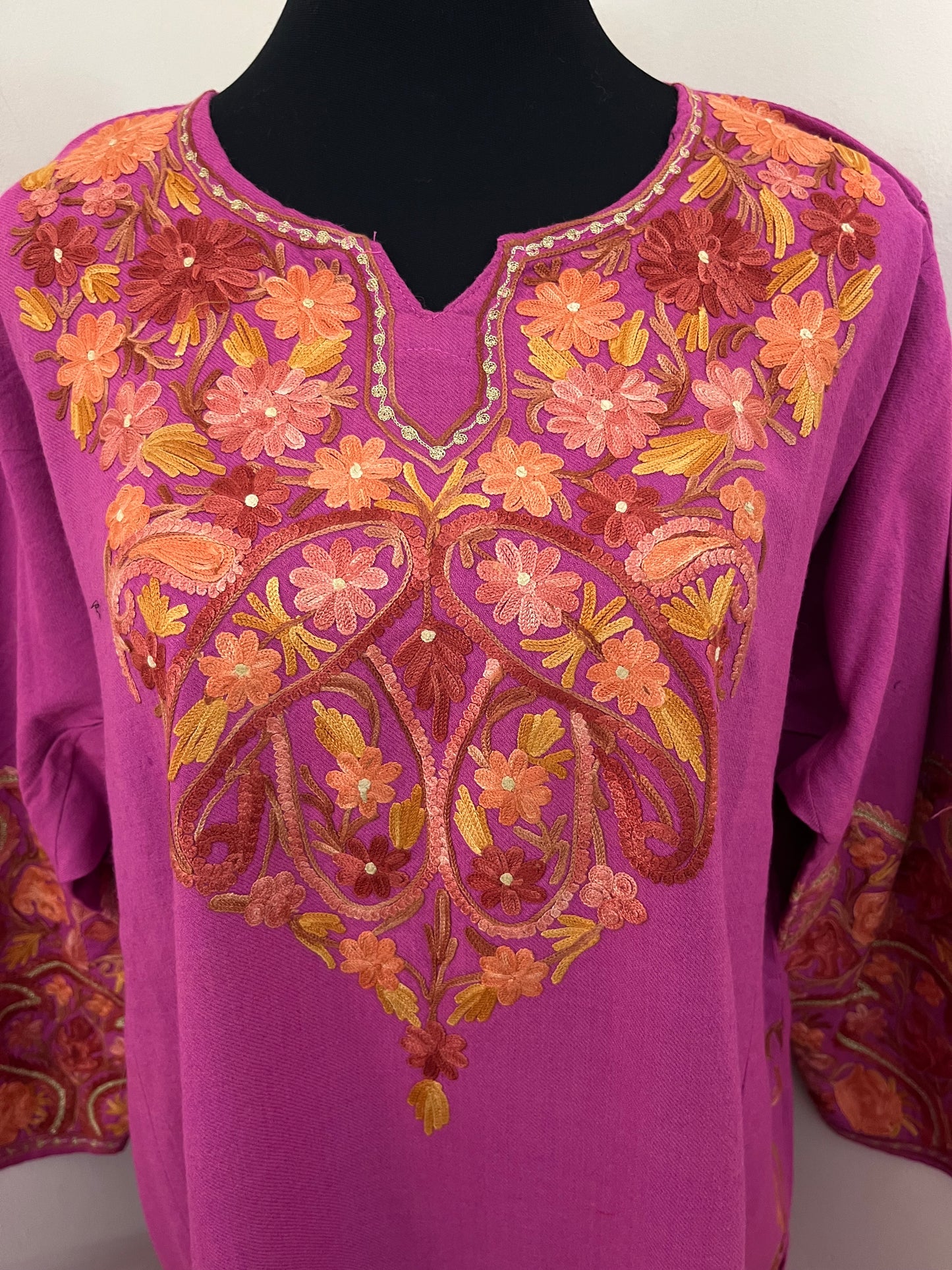 Rose Pink Aari Embroidered Wool Pheran