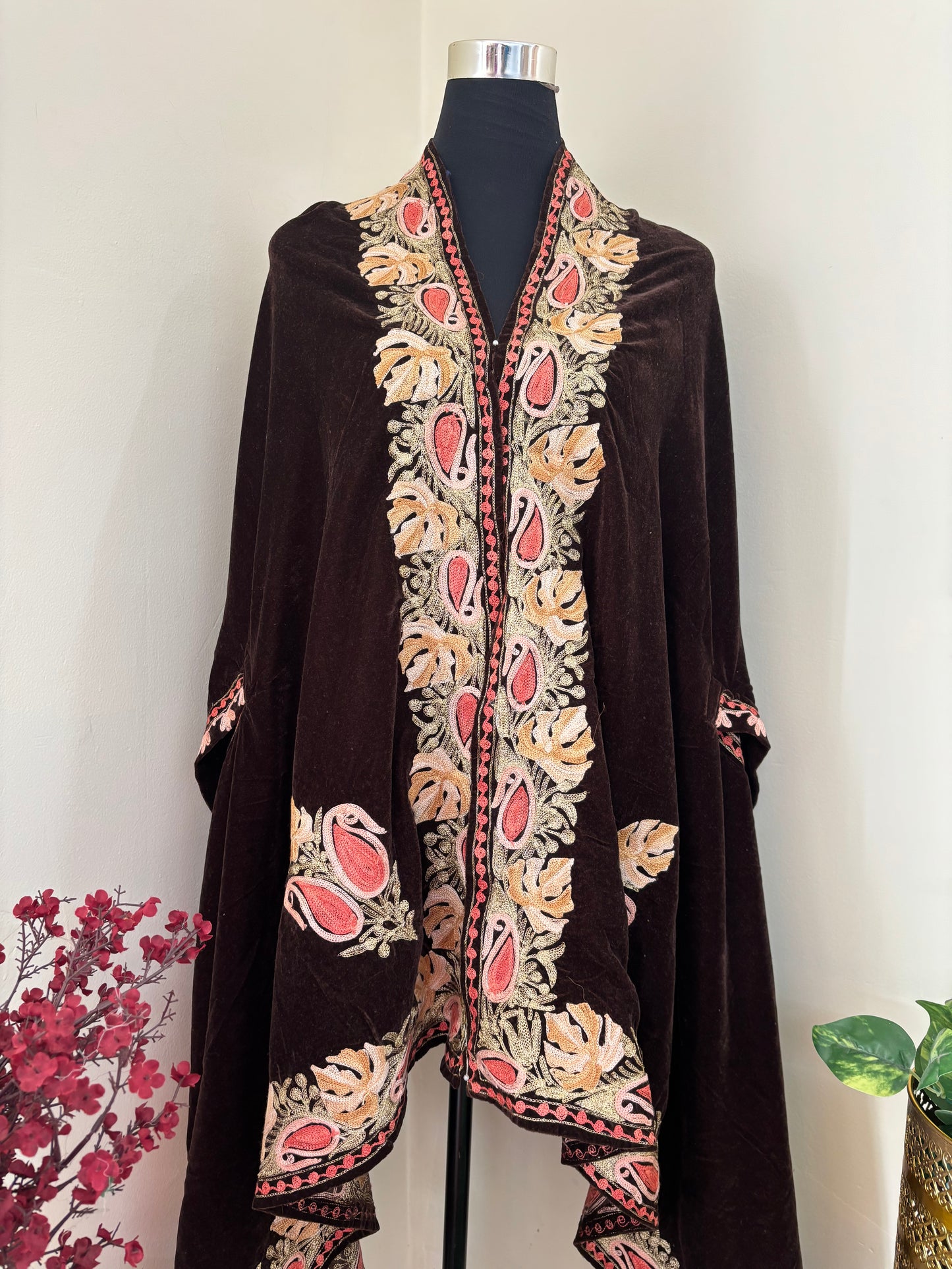 Brown Aari Embroidered Velvet Cape