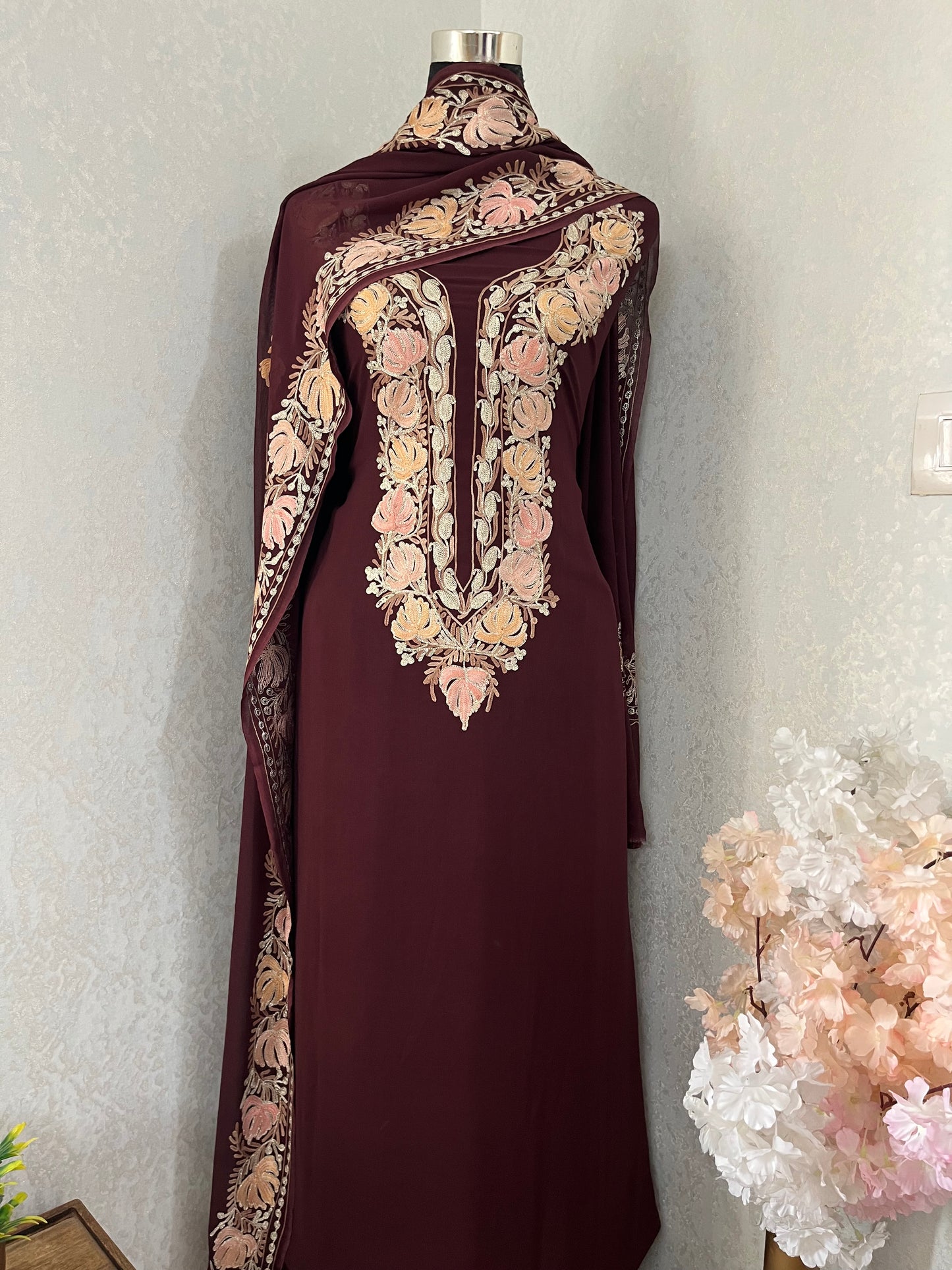 Brown Pure Georgette Kashmiri Suit