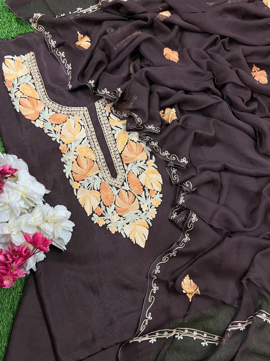 Coffee Brown Opada Silk Kashmiri Suit