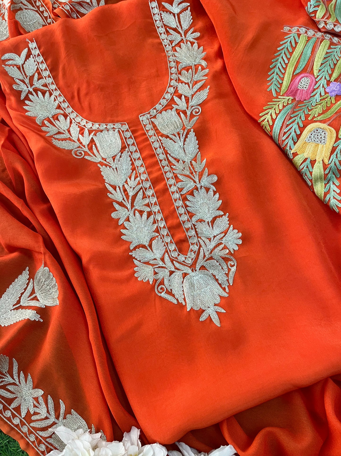 Kalaa’ Orange Crape Kashmiri Suit