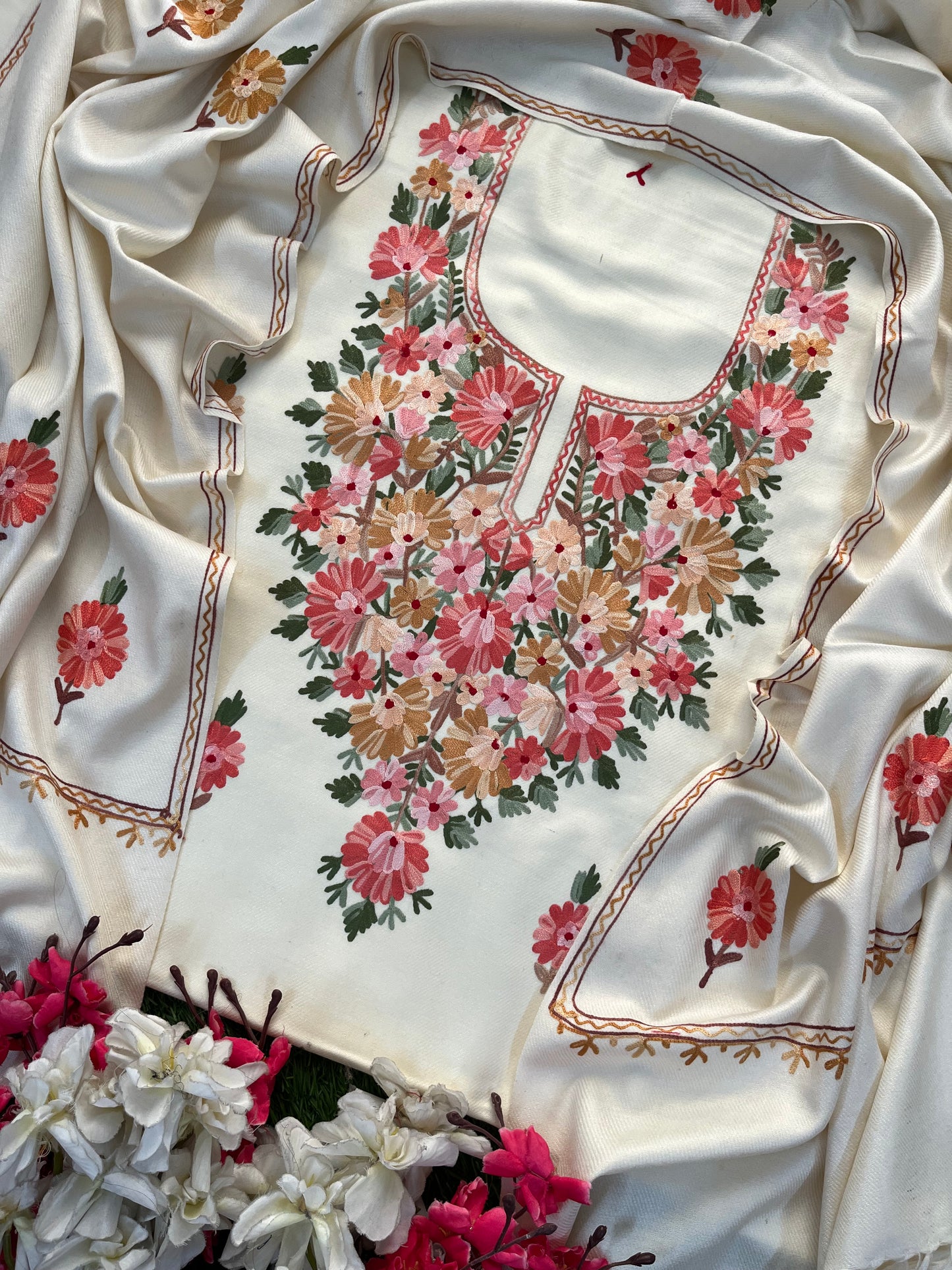 Off White Woollen Aari Embroidered 3pc suit
