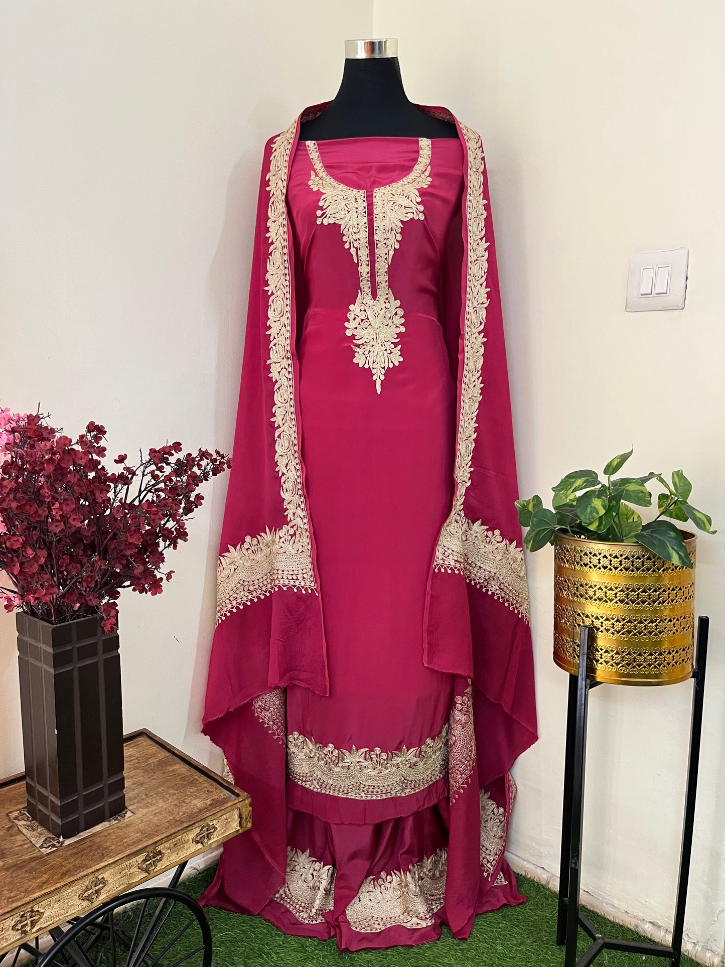 Fuchsia Pink Crape Kashmiri Suit