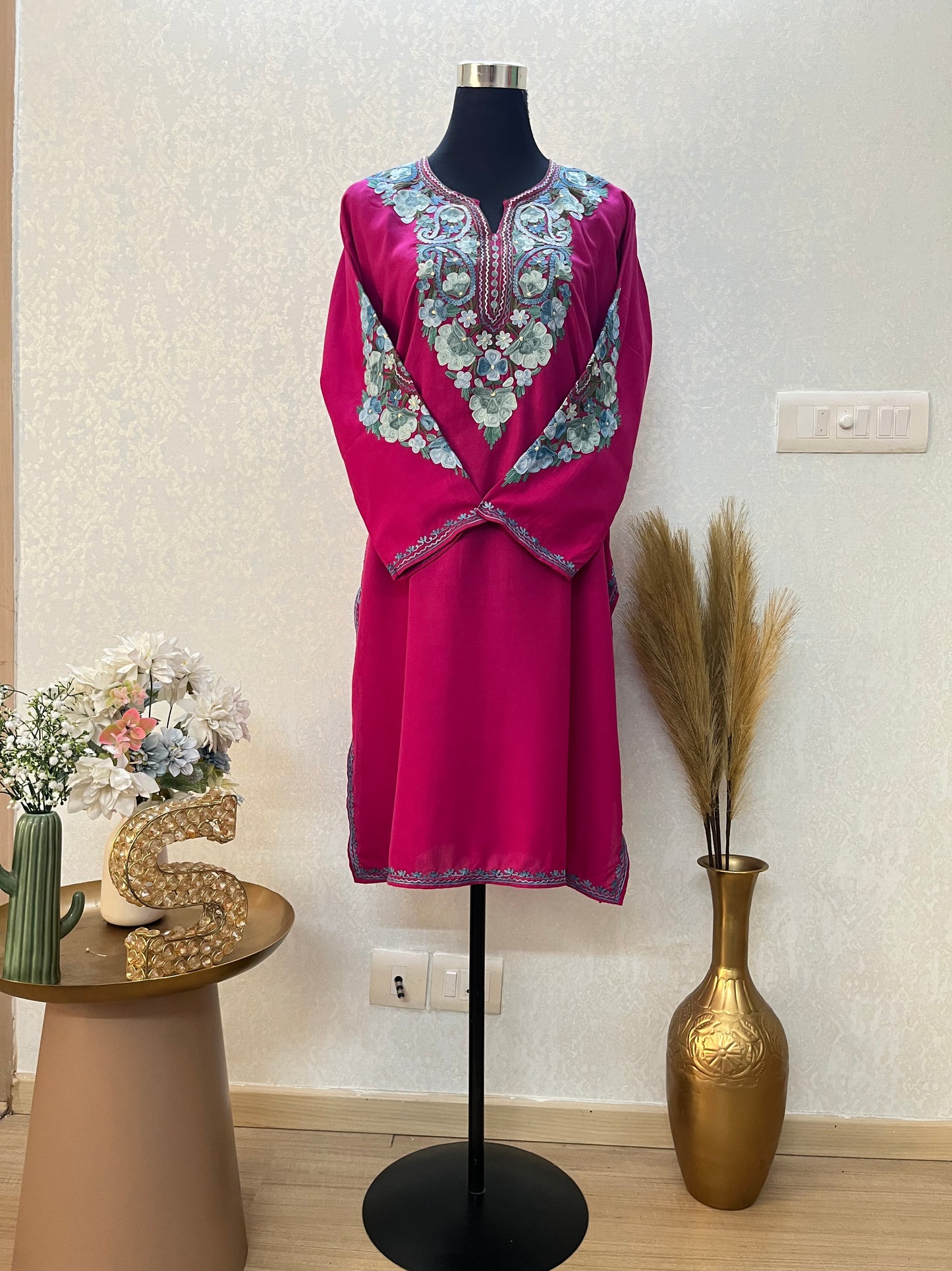 Hot Pink Cotton Aari Work Kurta