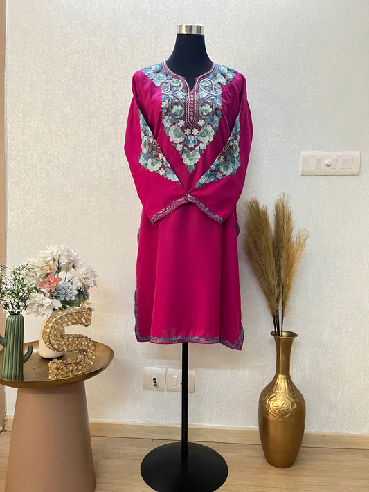 Hot Pink Cotton Aari Work Kurta