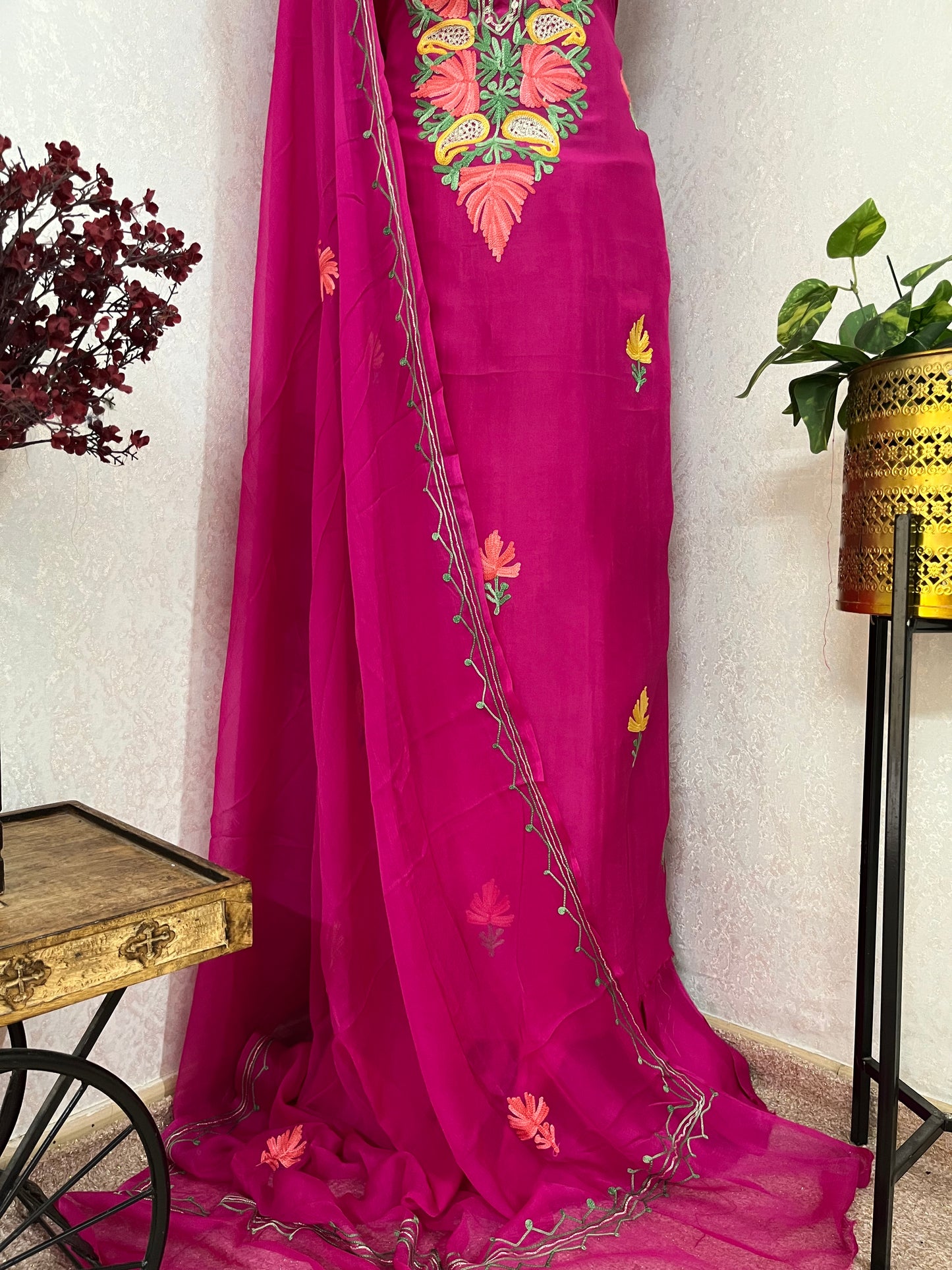 Hot Pink Opada Silk Kashmiri Suits