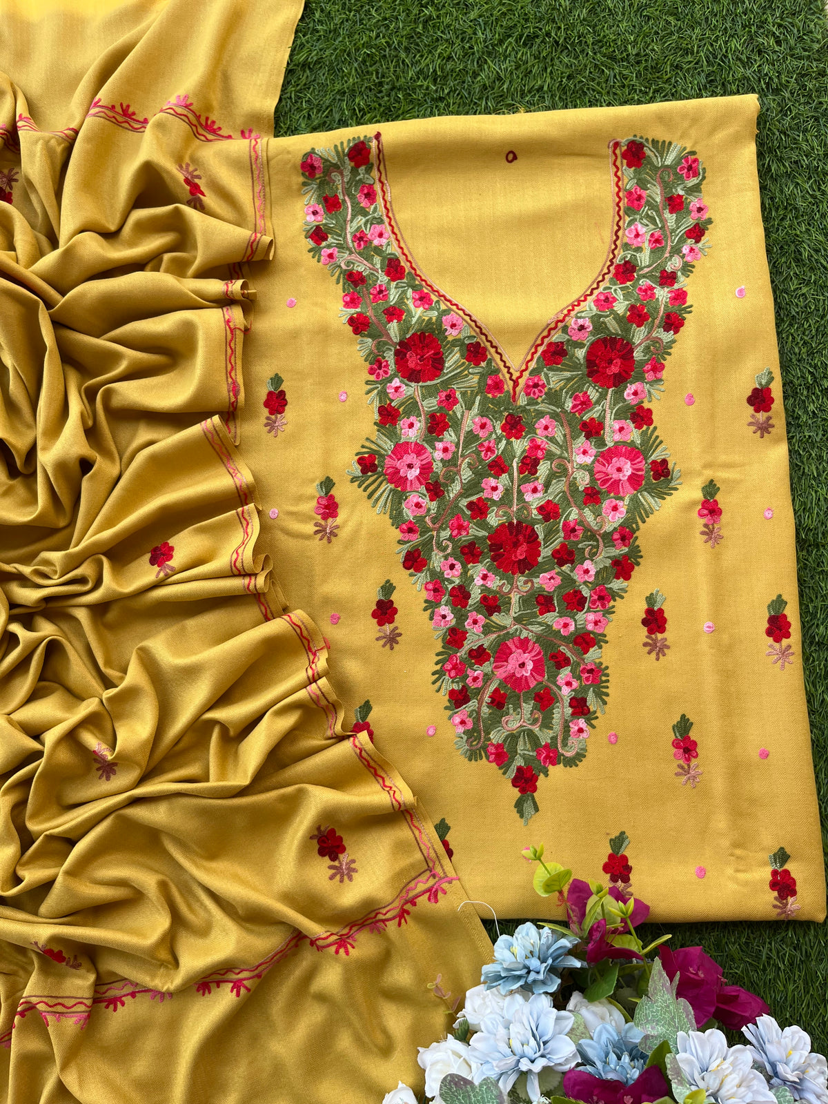 Yellow Woollen Aari Embroidered 3pc suit