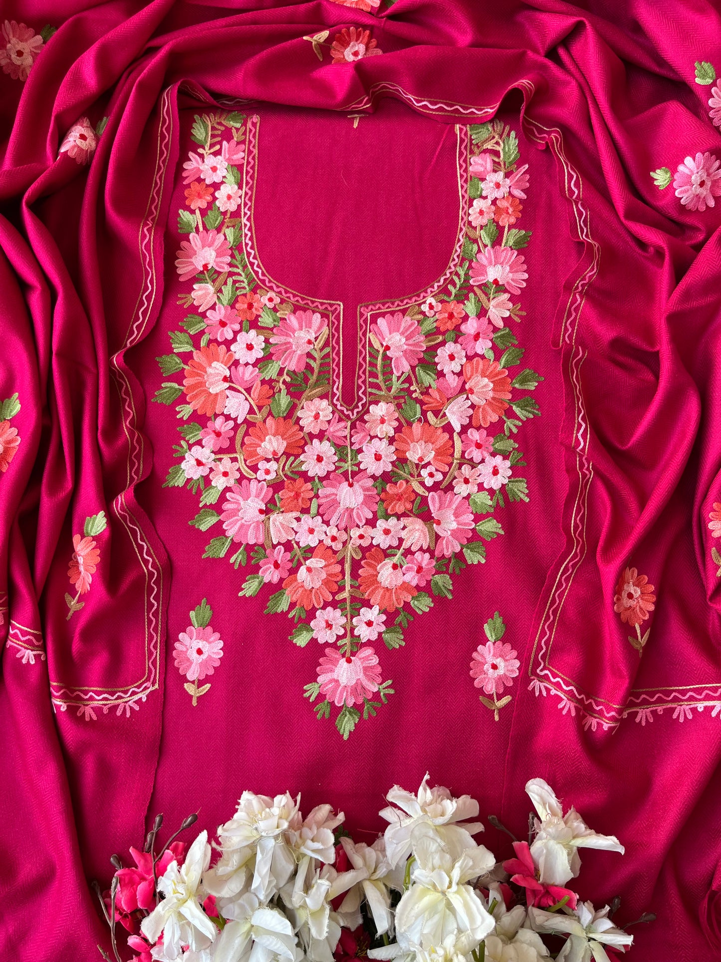 Hot  pink Woollen Aari Embroidered 3pc suit