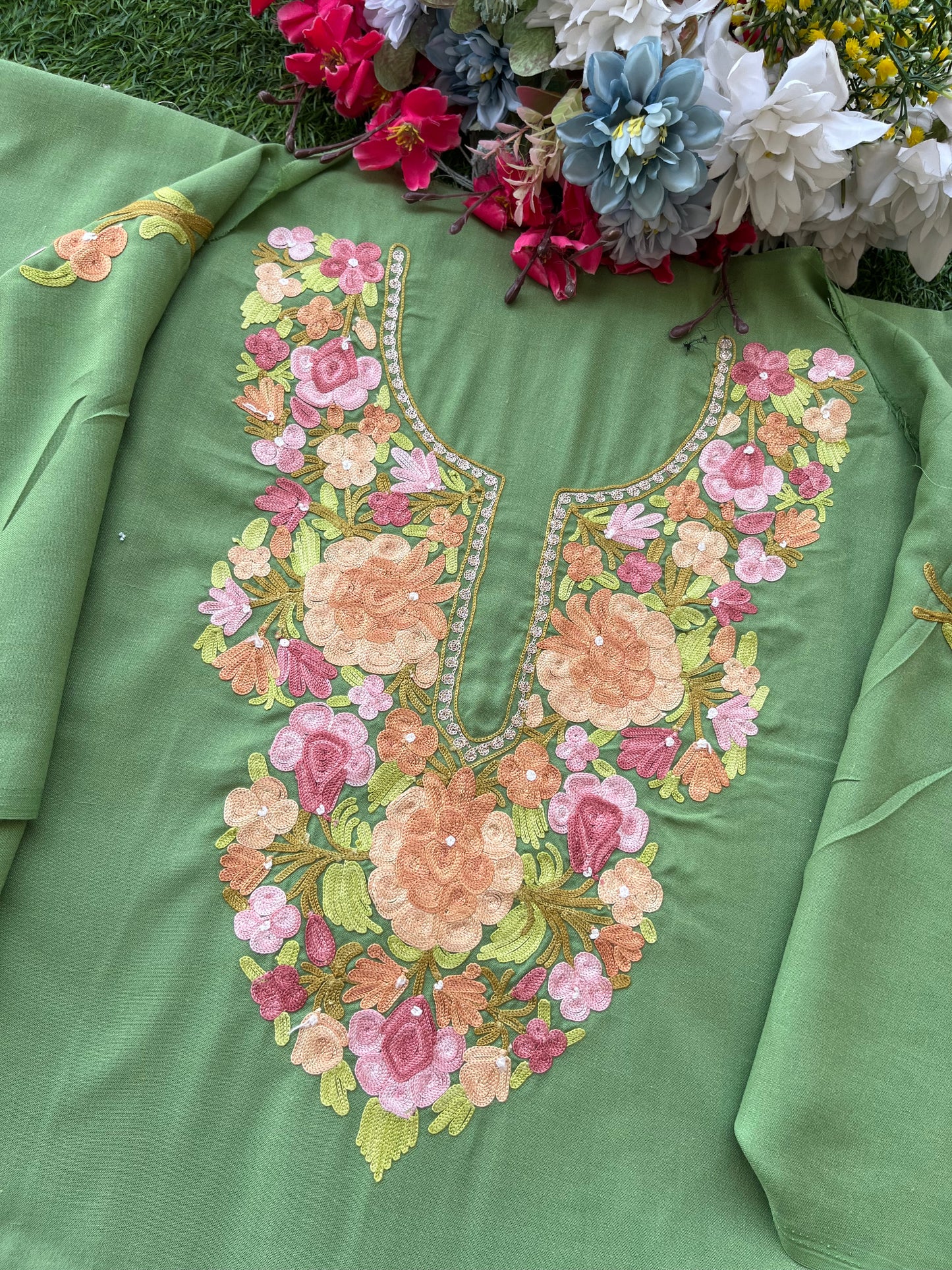 Pastel Green Aari Embroidered Cotton Suit Set