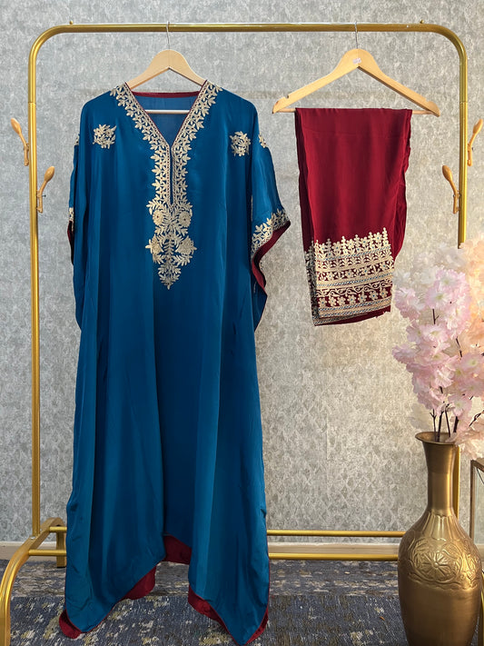 Peacock Blue Silk Kashmiri Kaftan Set size (44)