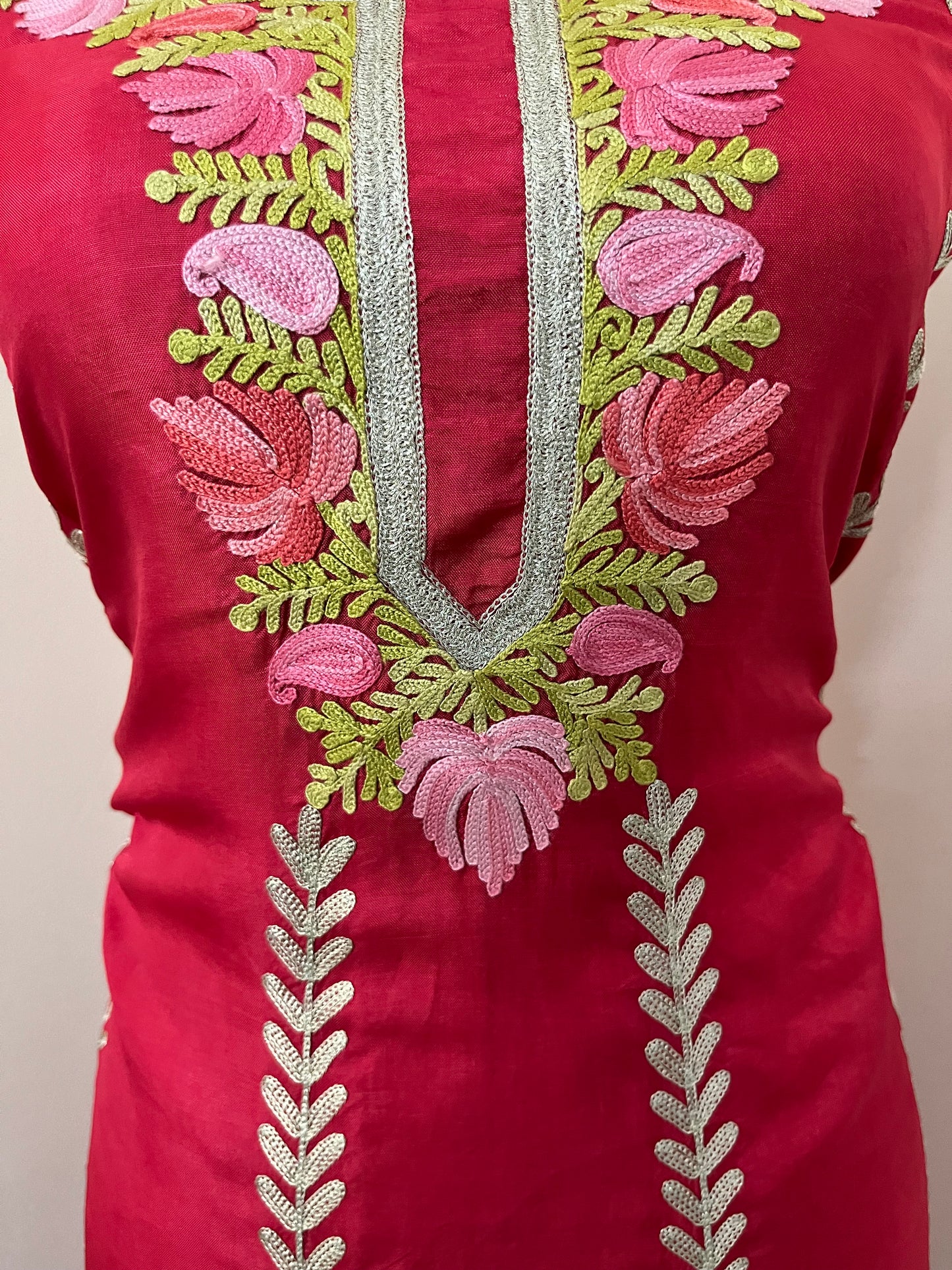 ‘Sanam’ Hot Pink Silk Aari Embroidered Suit material