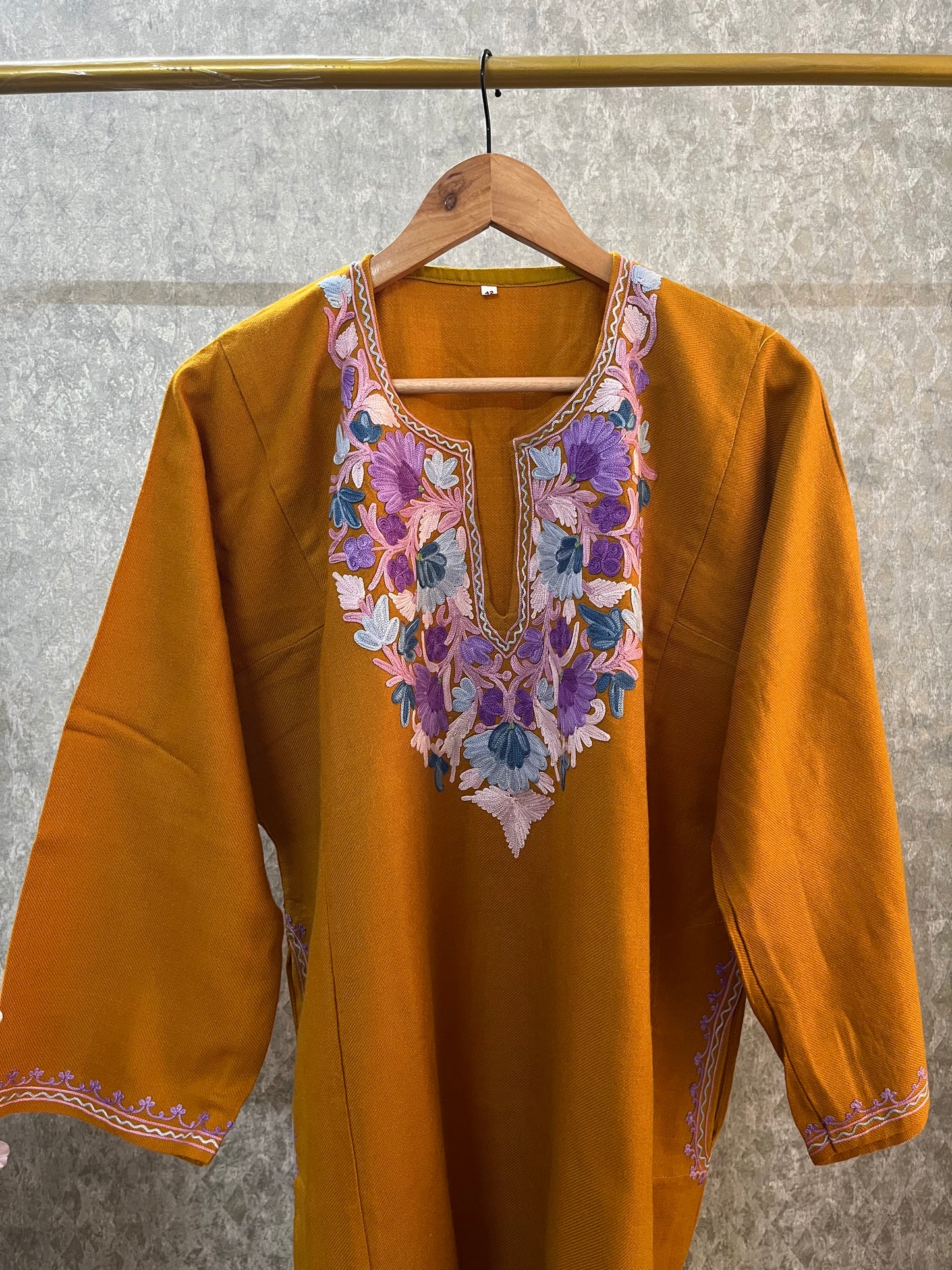 Mustard Aari Embroidered Wool Pheran