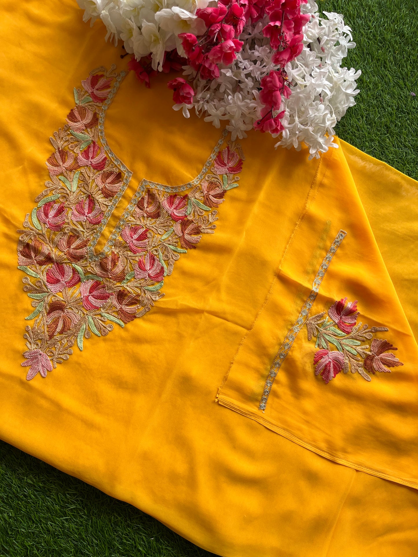 Yellow Georgette Aari Embroidered Unstitched Kurta Material