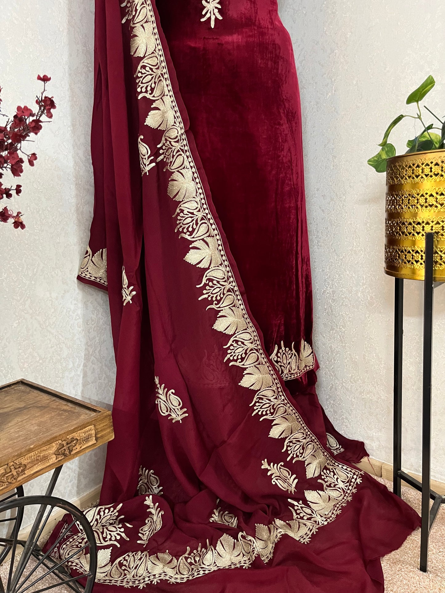 Maroon Tilla Makhmal 3pc Suit