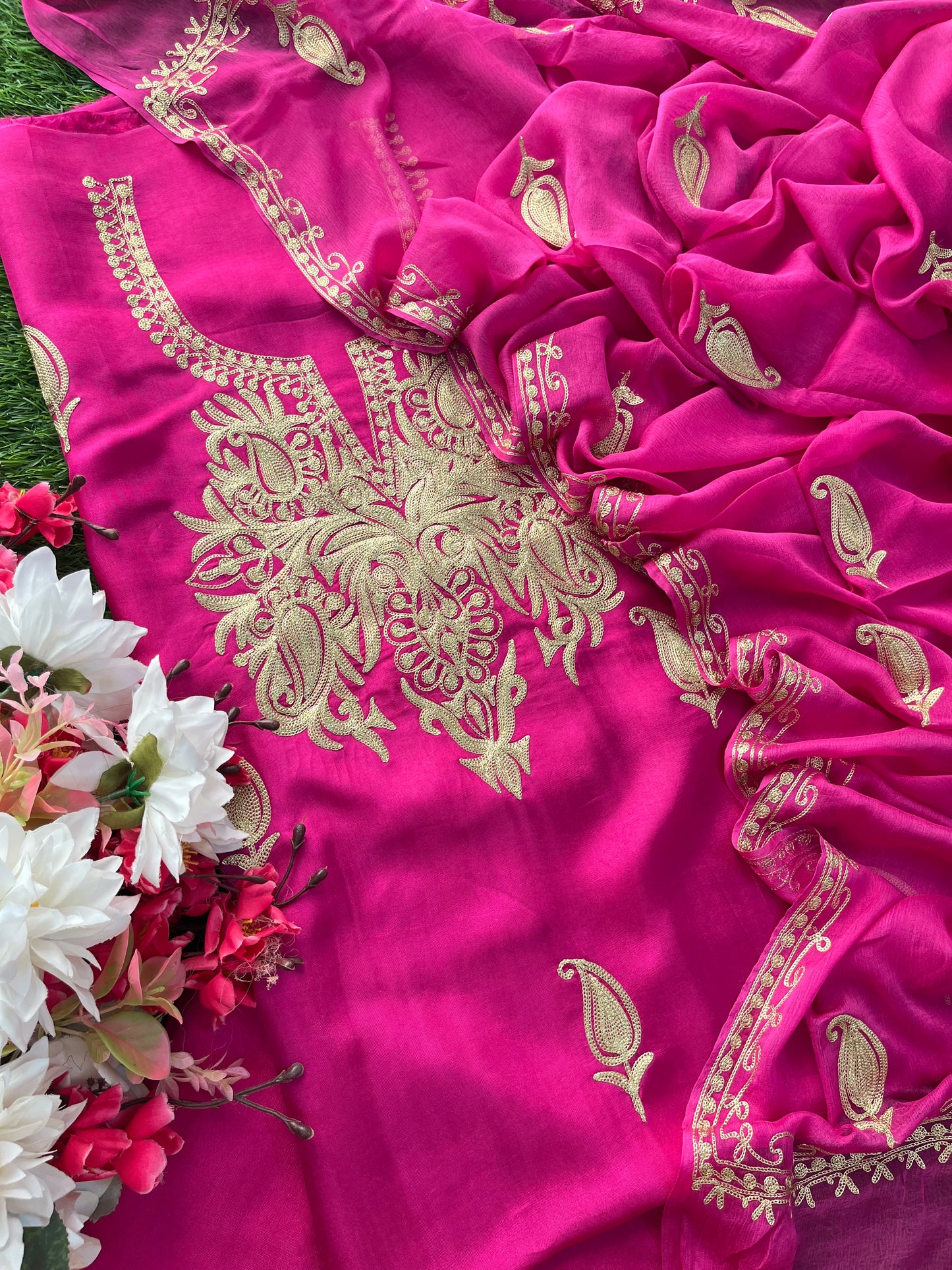 Hot Pink Silk Tilla Kashmiri Suit