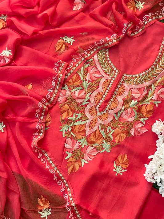 Carrot Red Opada Silk Kashmiri Suit