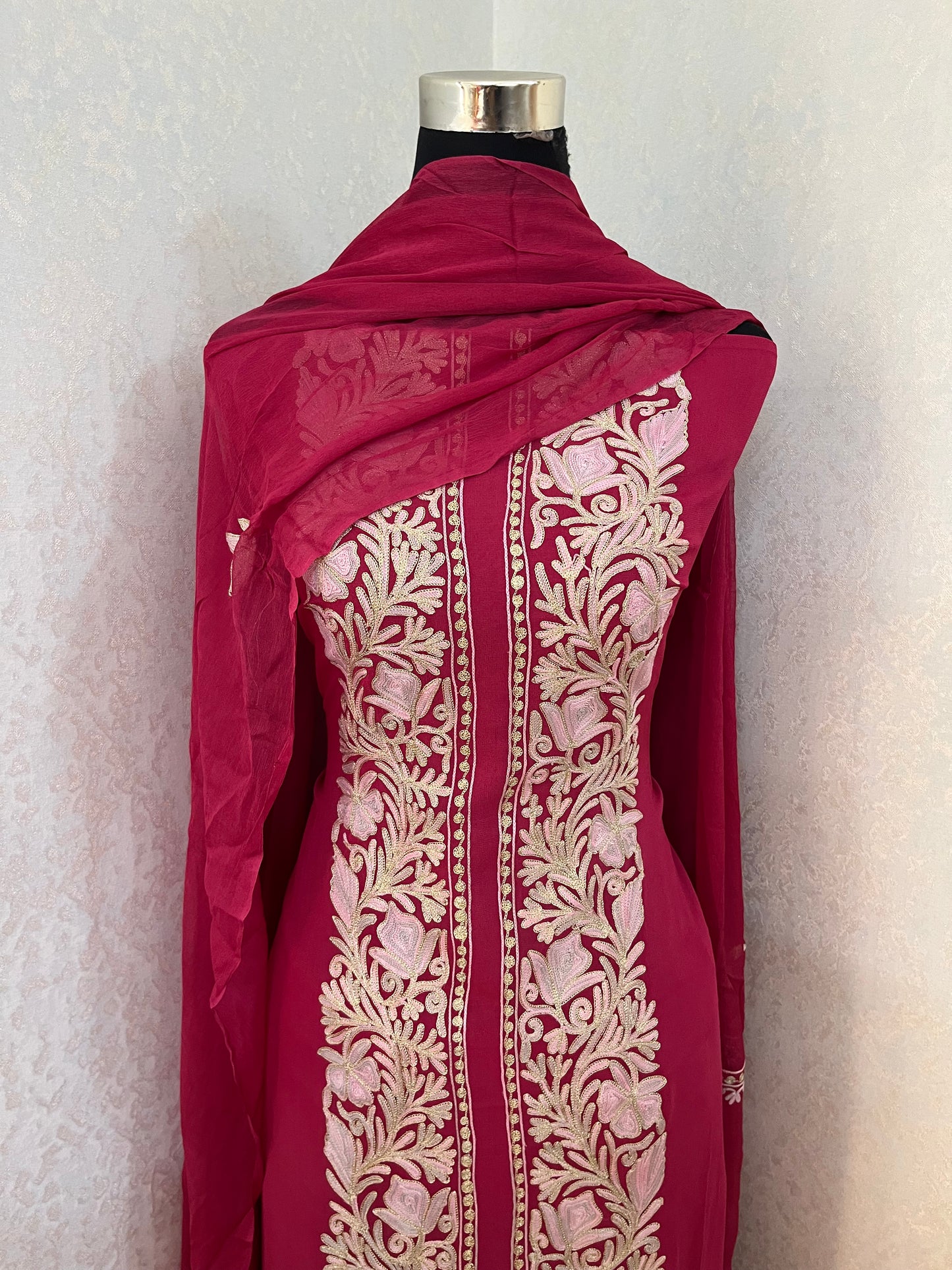 Hot Pink Pure Georgette Achkan Kashmiri Suit