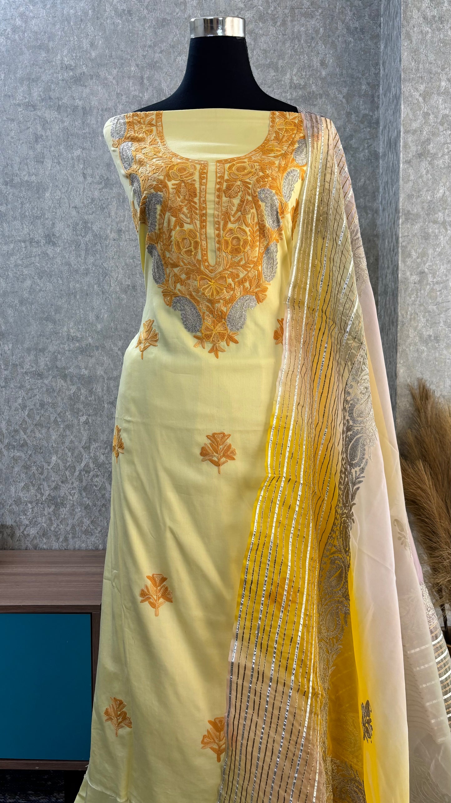 Lemon Yellow Satin Cotton Kashmiri Suit