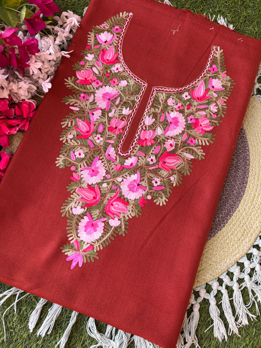 Rust Orange Woollen Aari Embroidered 2pc suit 5mtr